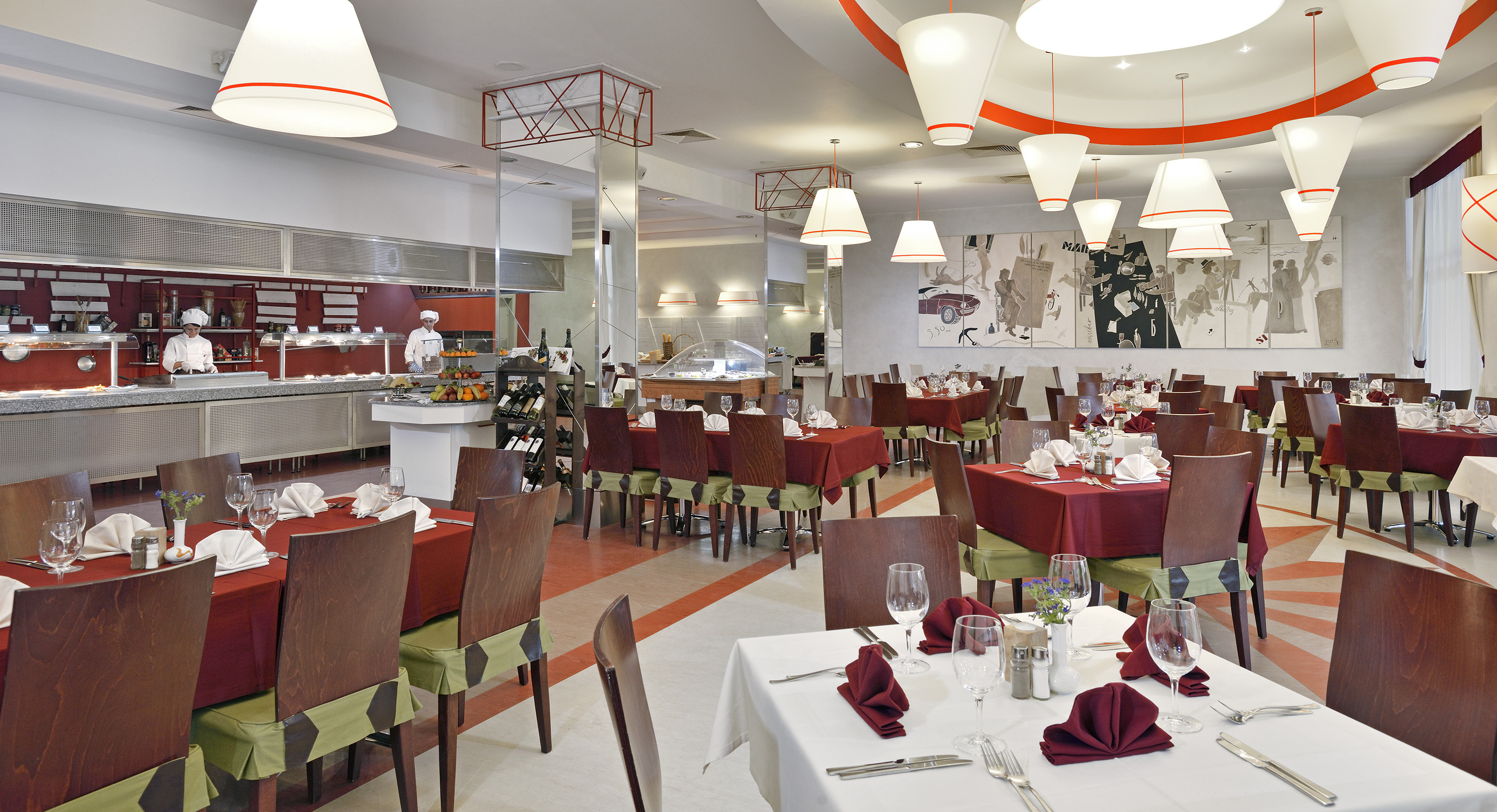 a restaurant with tables and chairs