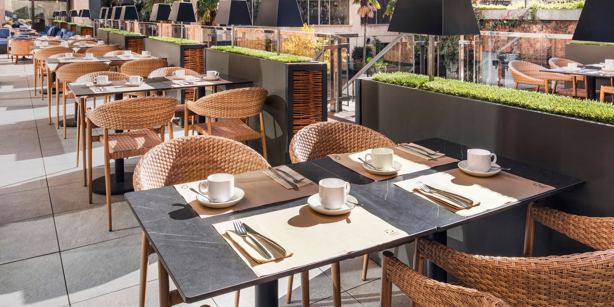 a table and chairs outside a building