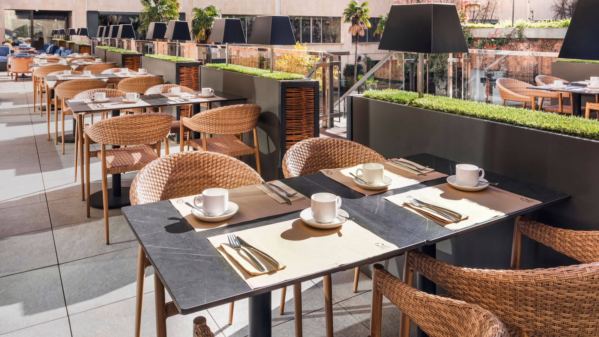 a table and chairs outside a building