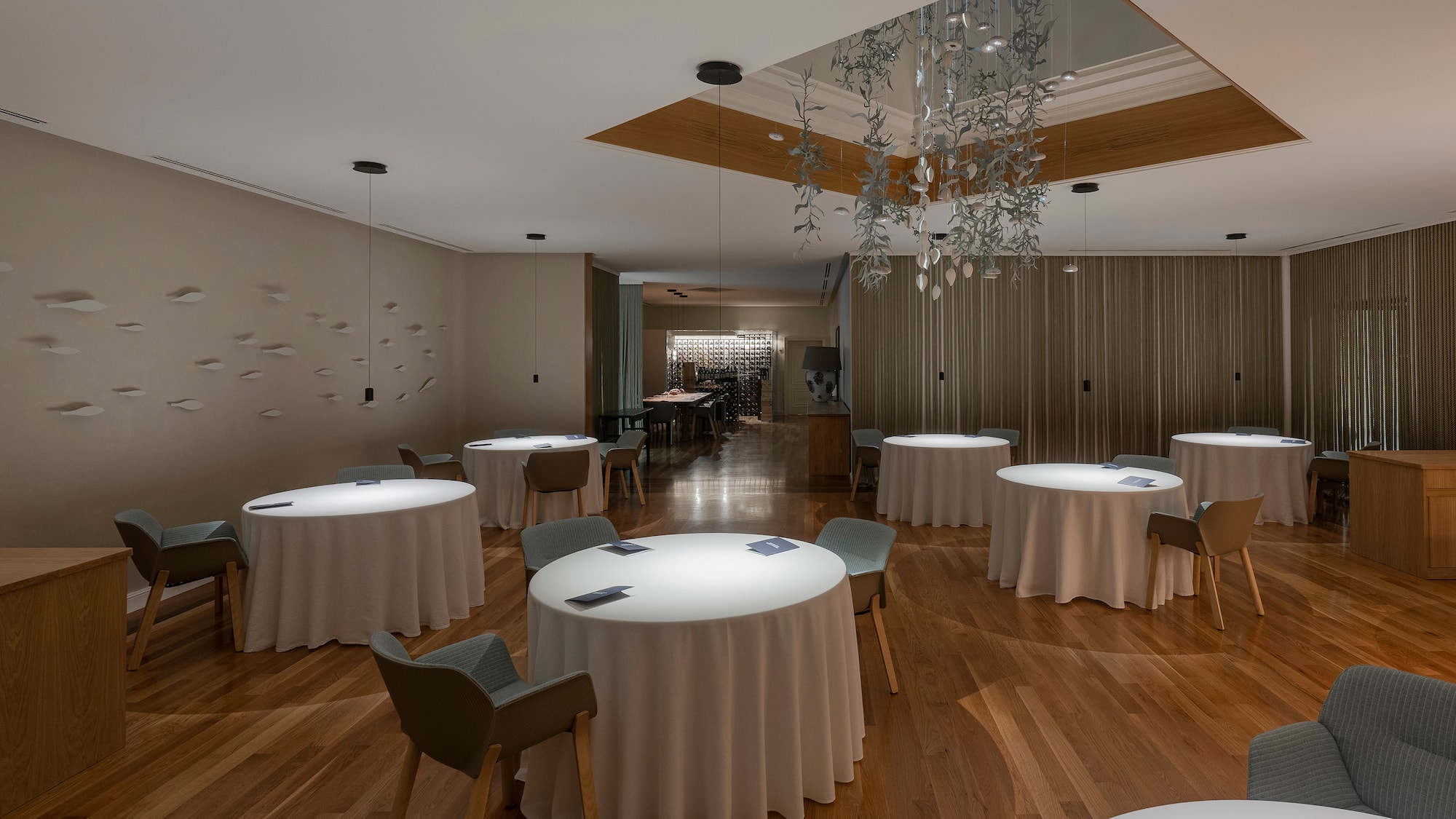 a room with tables and chairs