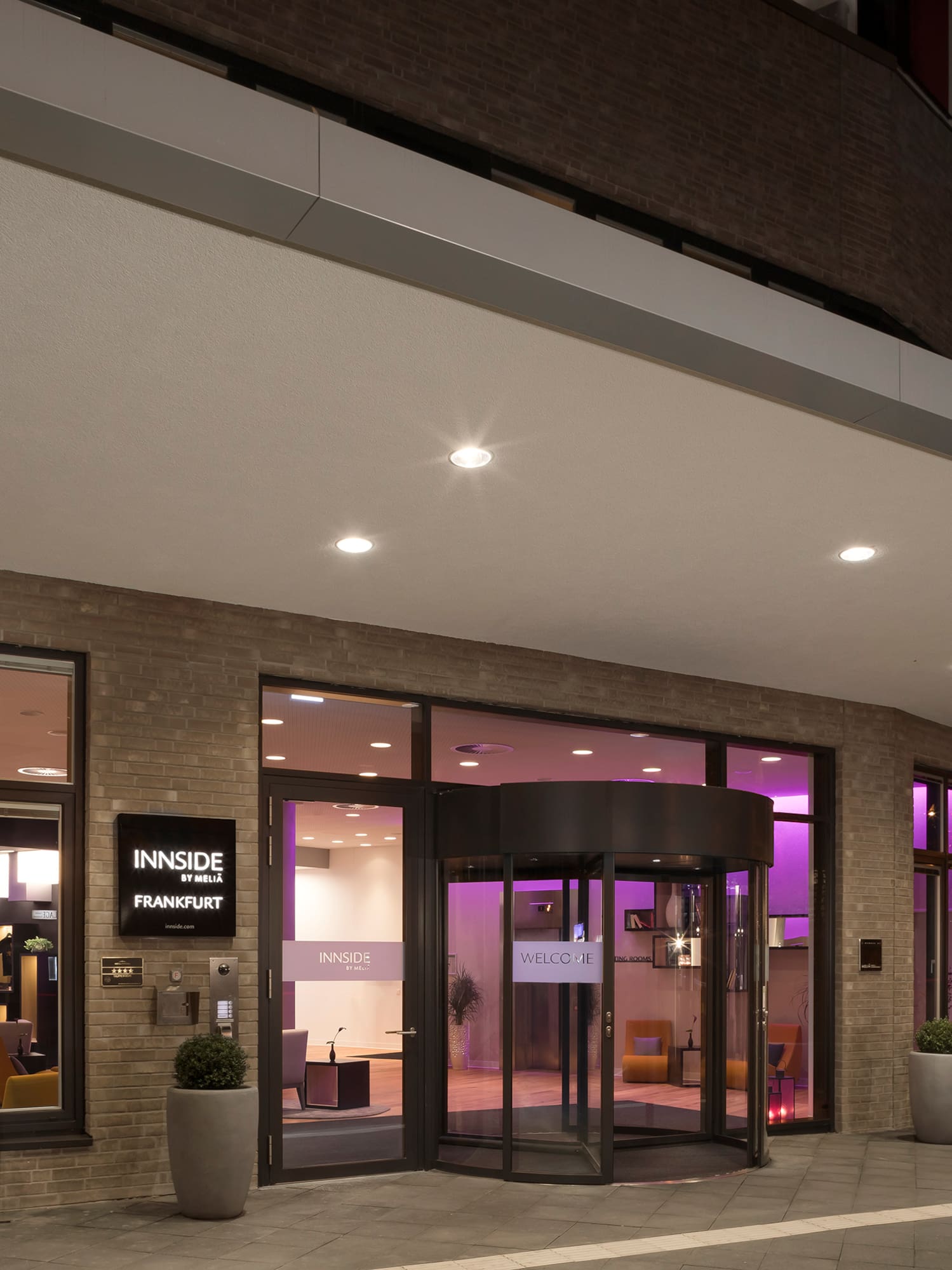 a building with purple lights