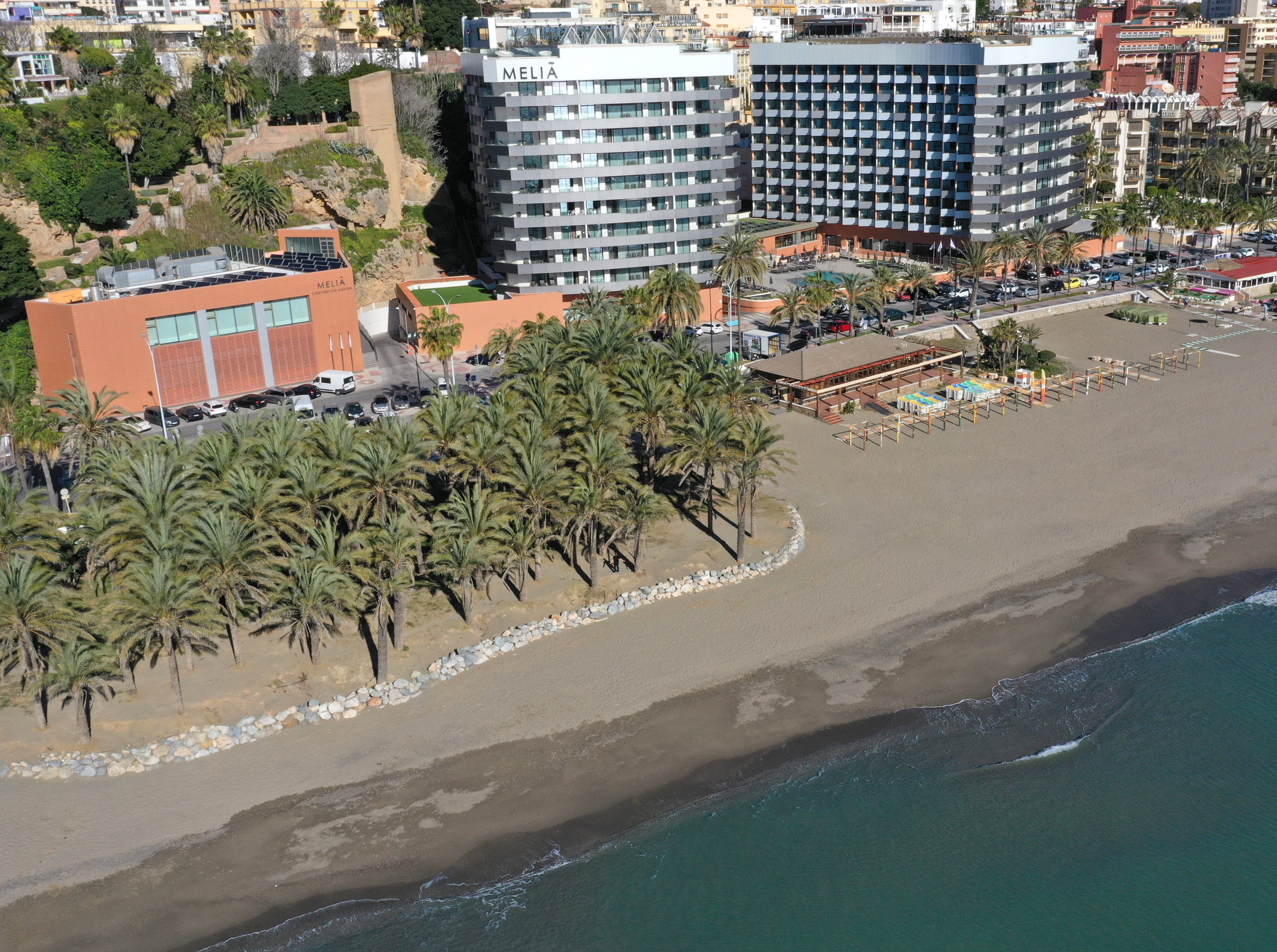 a beach with palm trees and buildings