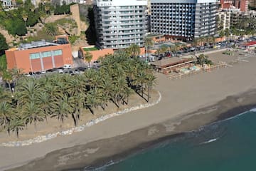 a beach with palm trees and buildings
