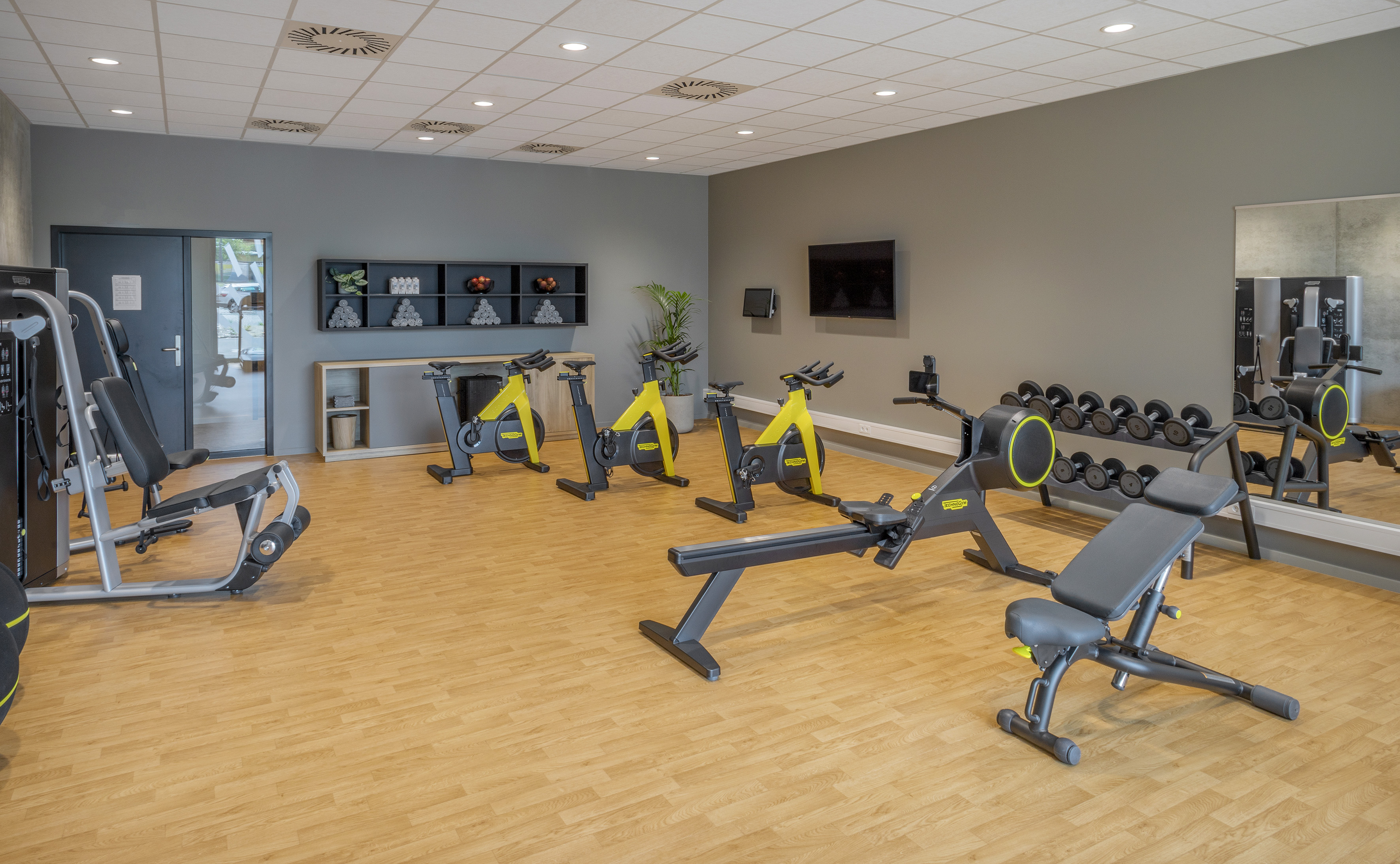 Spacious gym with various fitness machines, free weights, and cardio equipment.