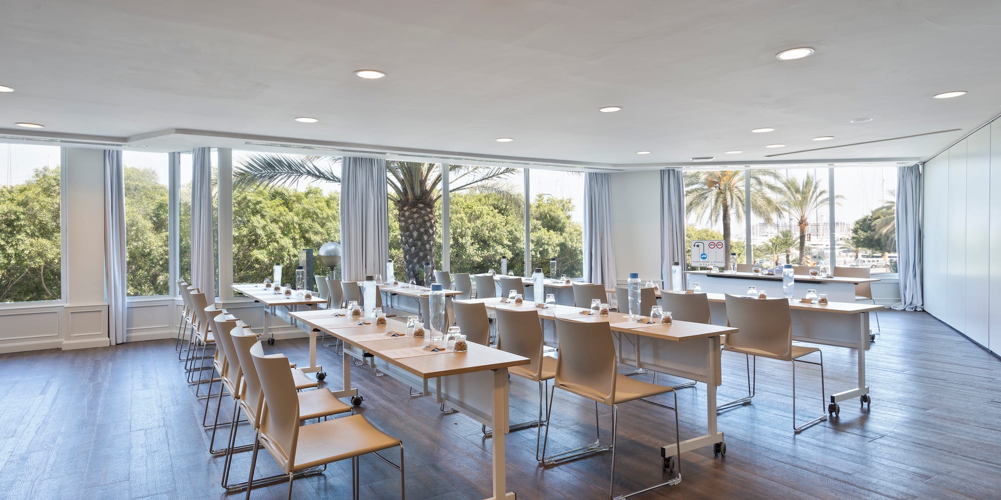 a room with tables and chairs