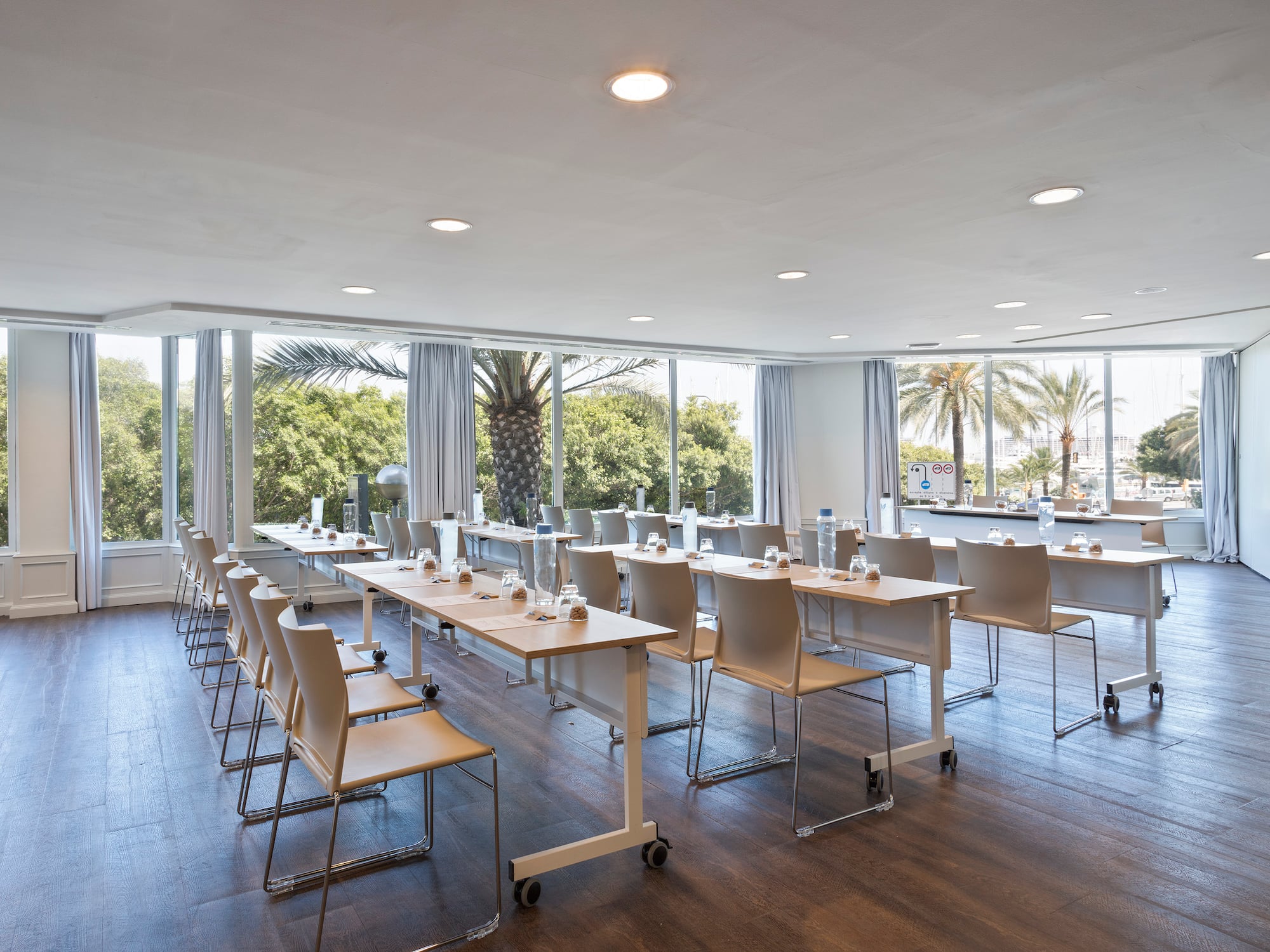 a room with tables and chairs