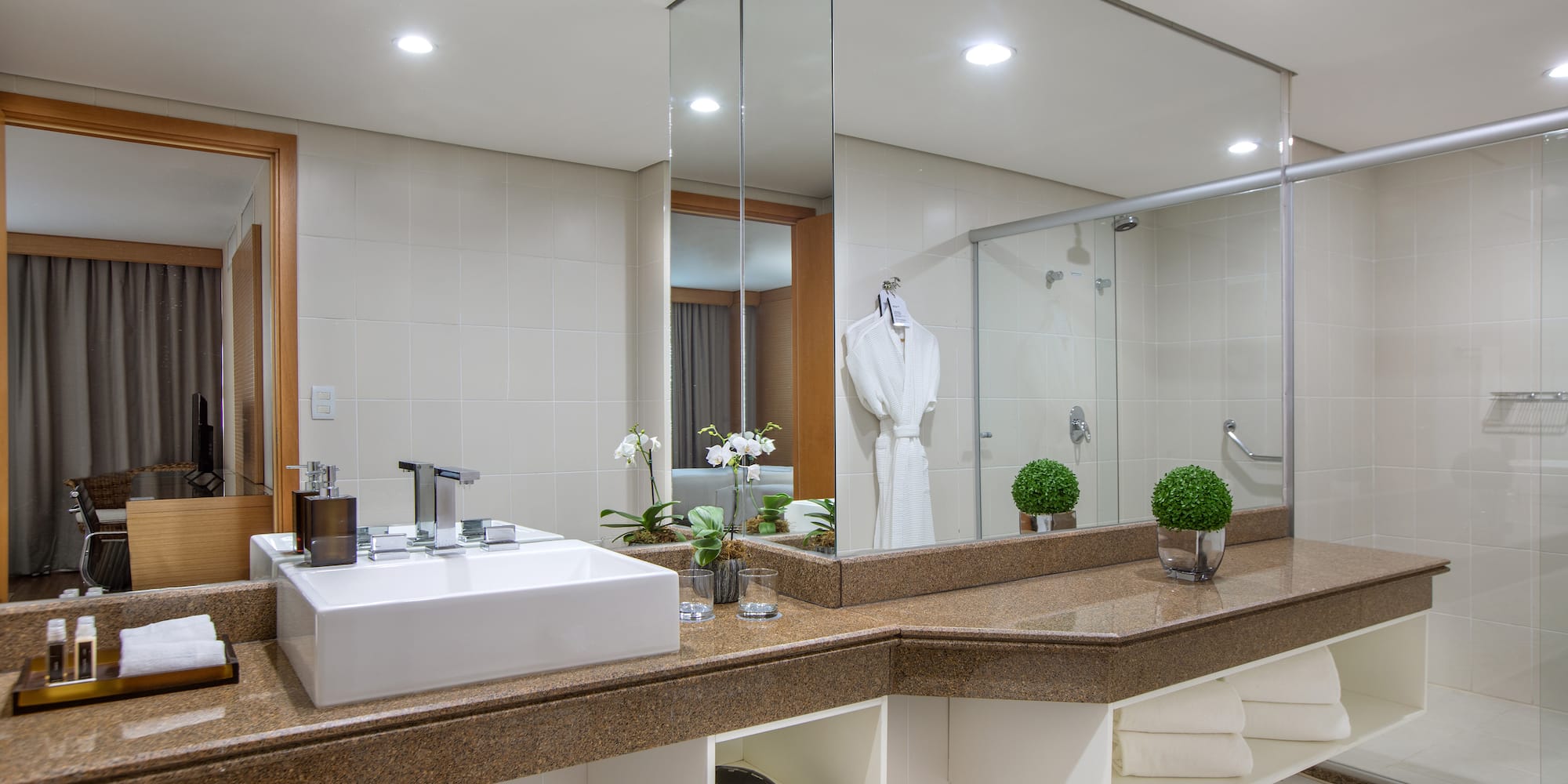 a bathroom with a large mirror and a sink