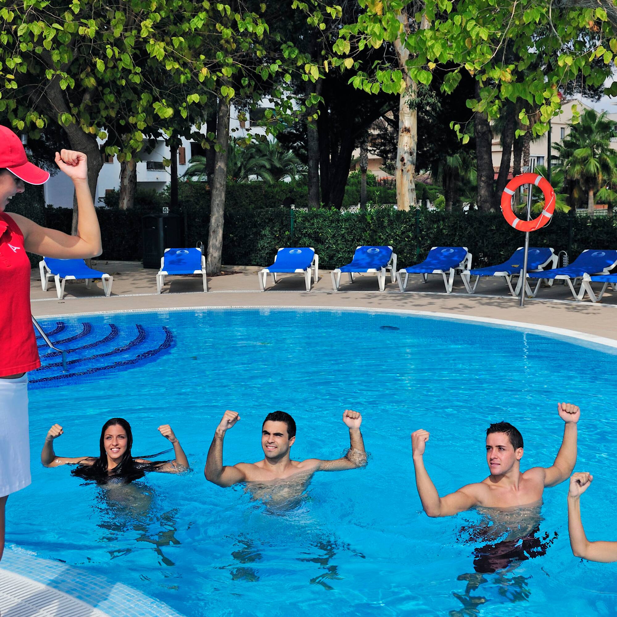a group of people in a pool