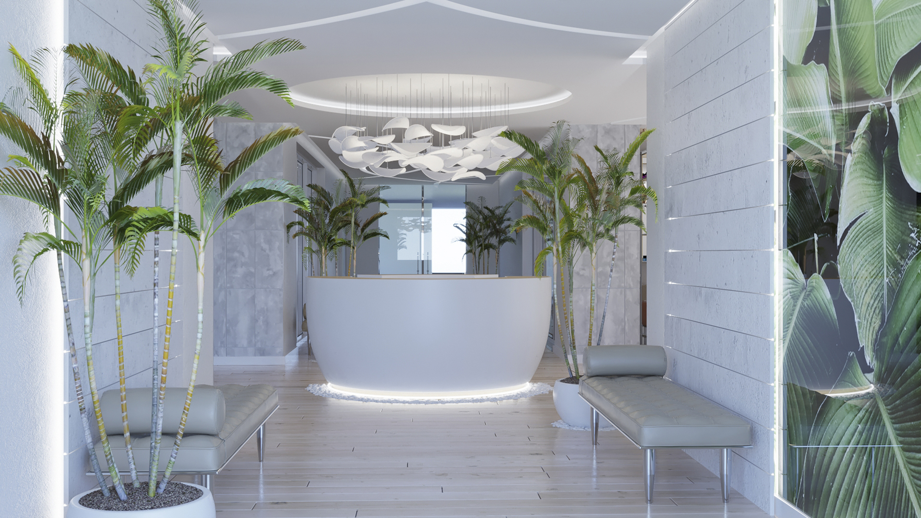 a lobby with a reception desk and palm trees