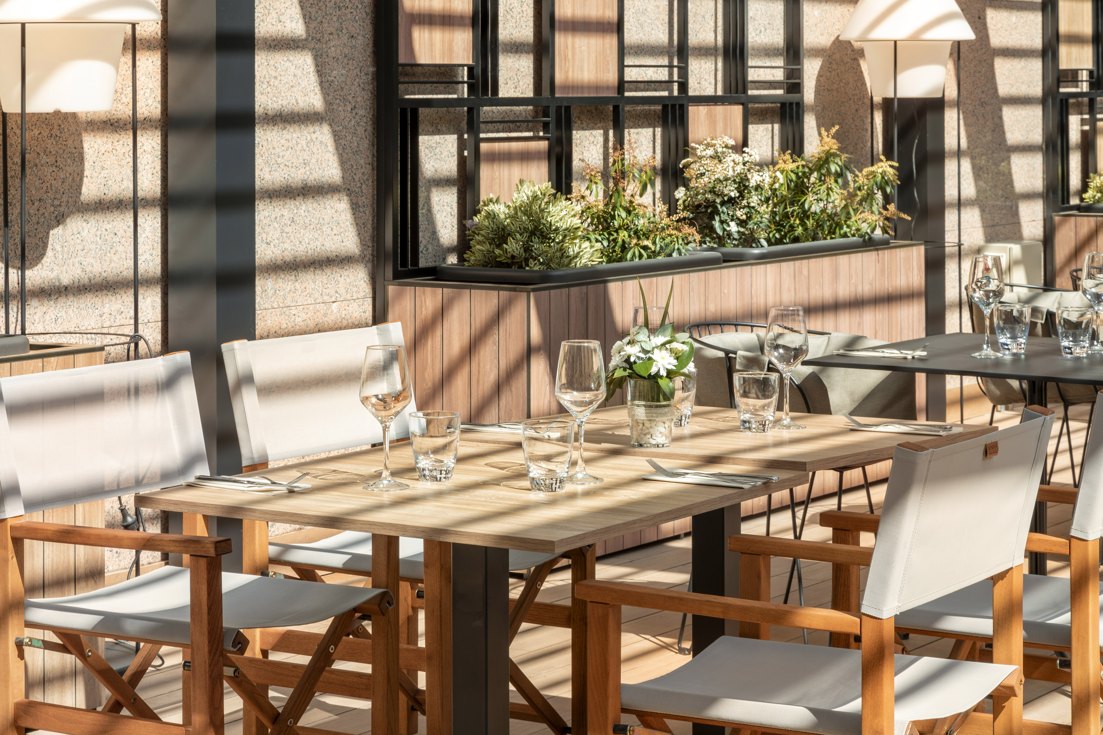 Sunlit restaurant dining tables with wine glasses, cutlery, and green plants.