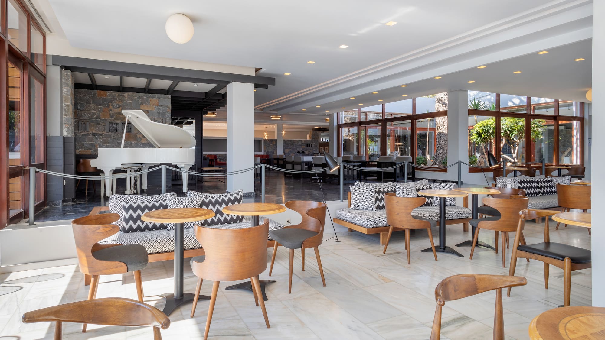 a room with tables and chairs