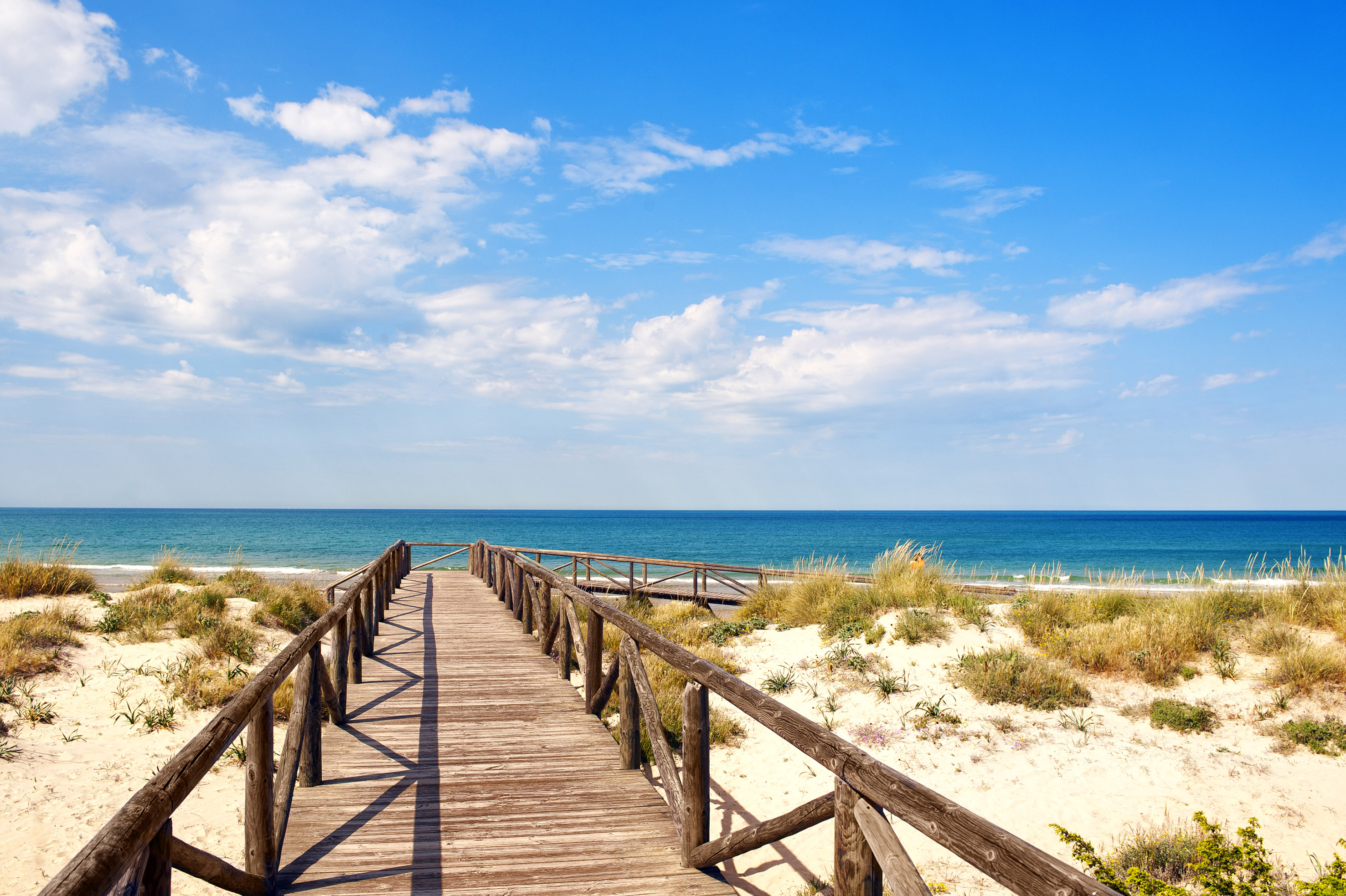 Wooden boardwalk leading over sand dunes to a blue ocean under a cloudy sky.