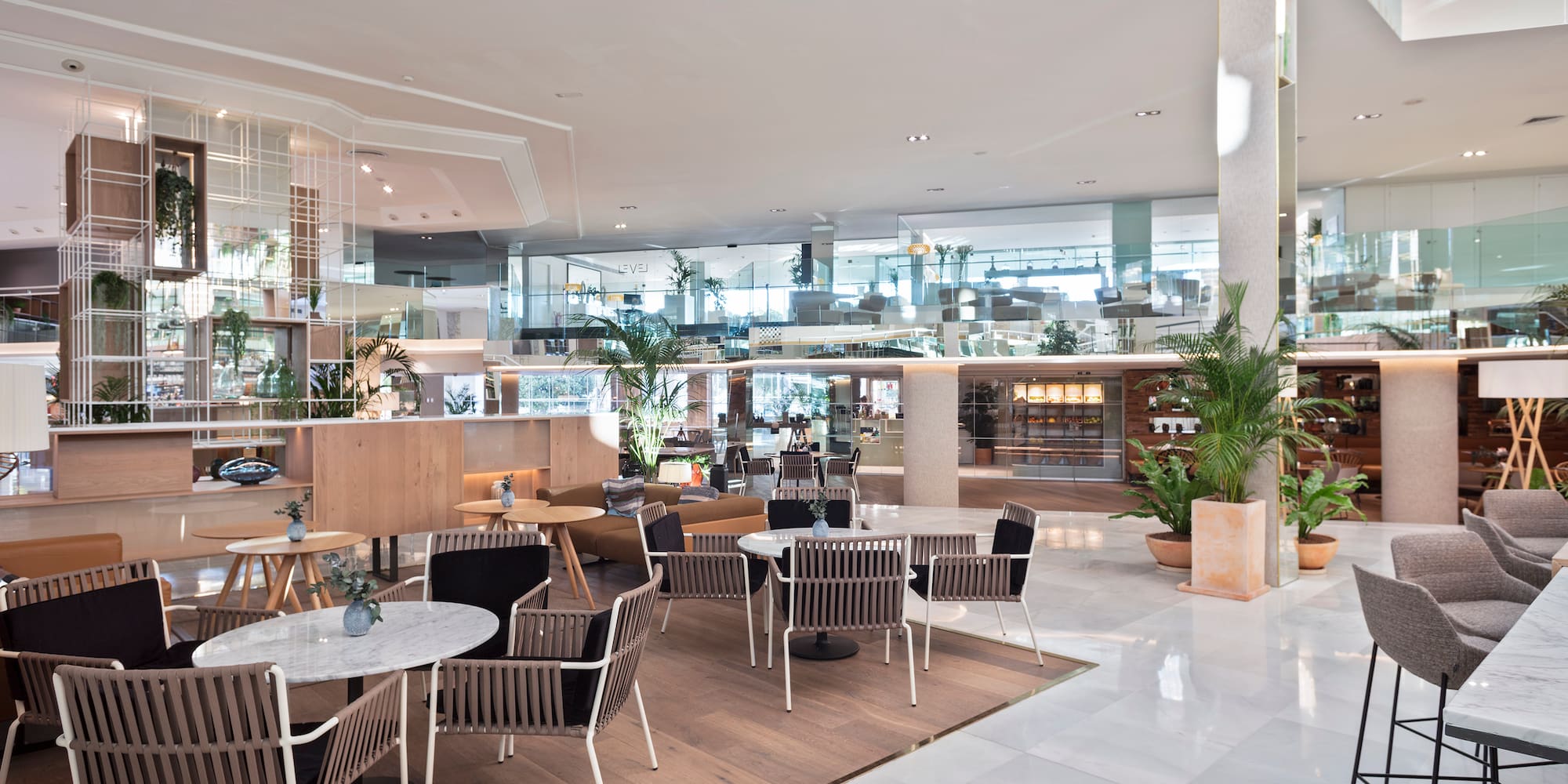 a large room with tables and chairs