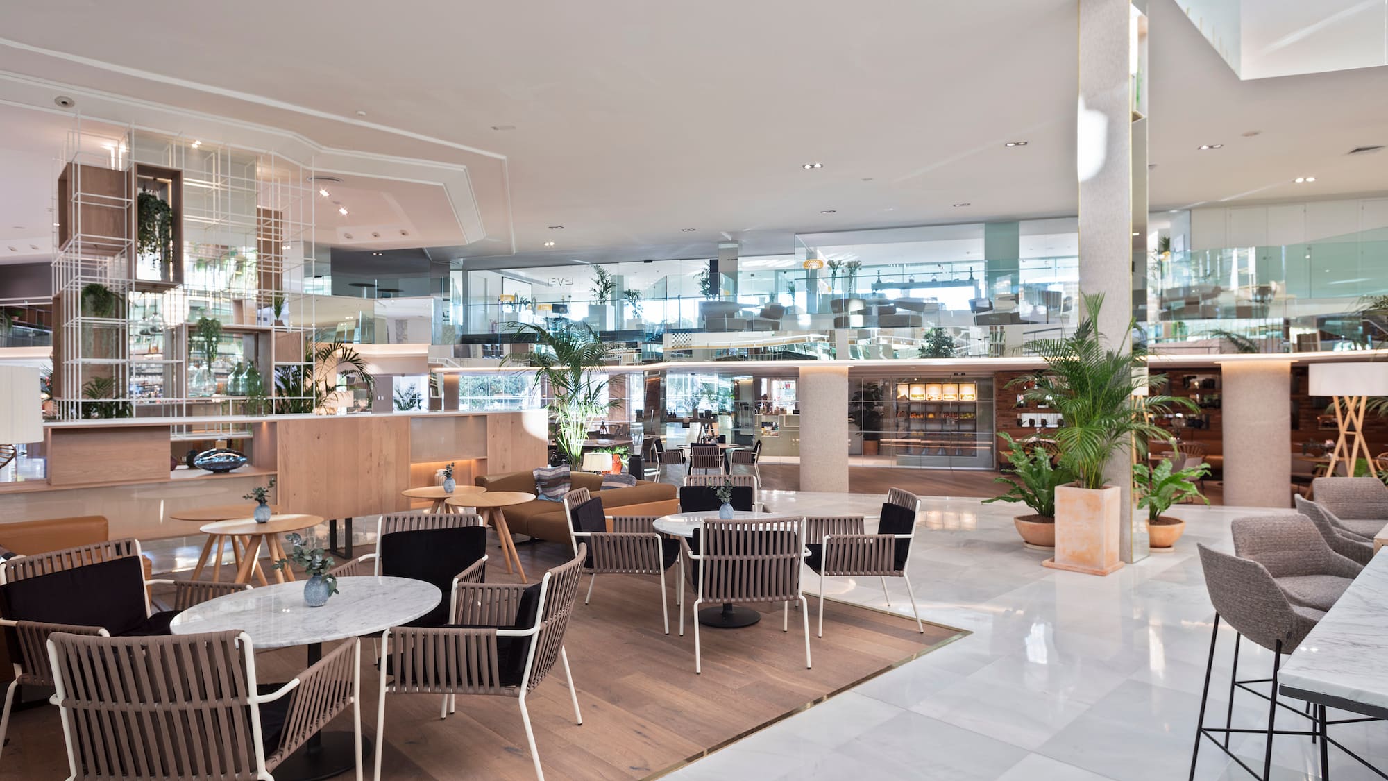 a large room with tables and chairs