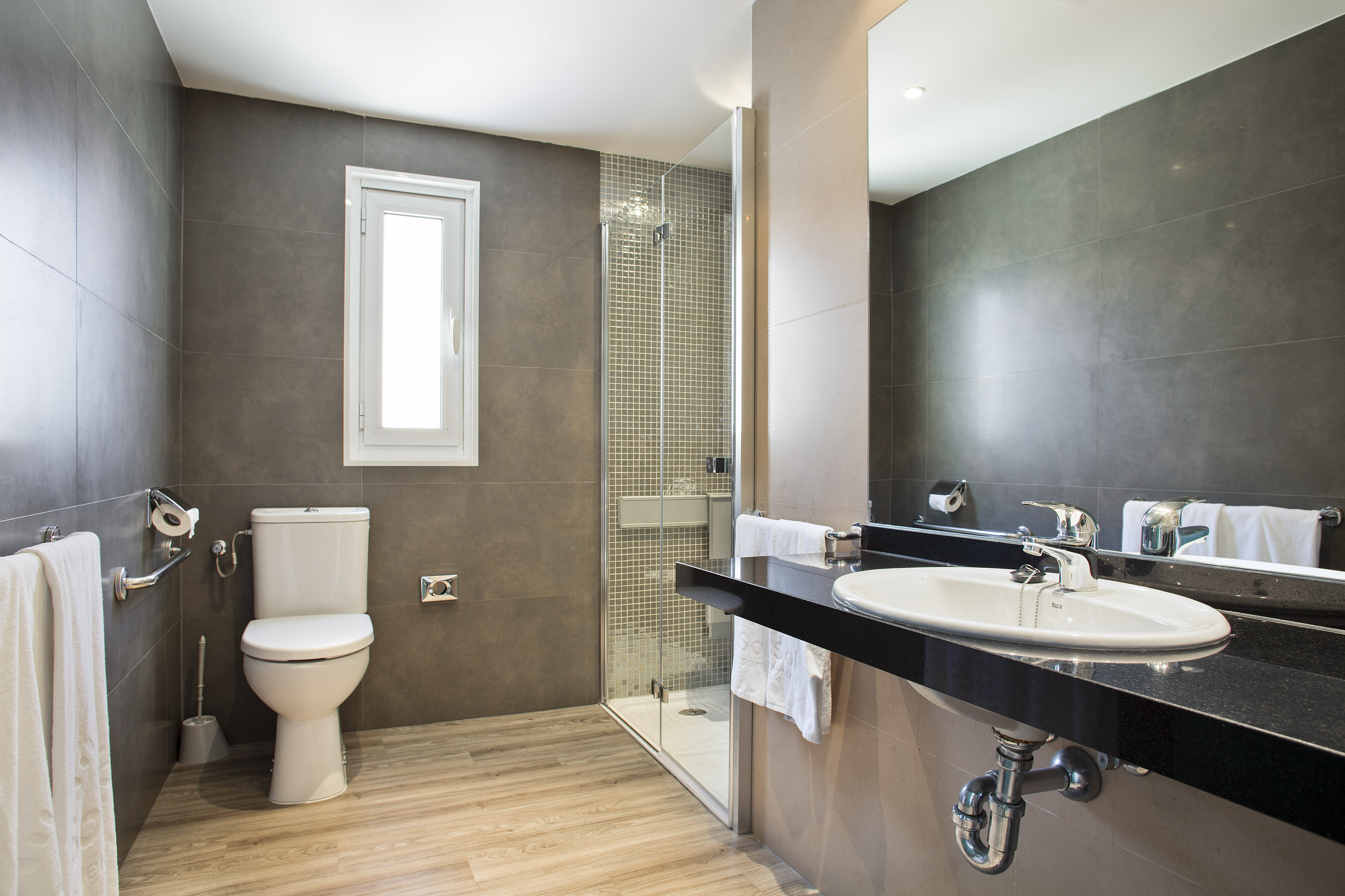 Contemporary bathroom with toilet, shower, sink vanity, grey walls, wood floor.