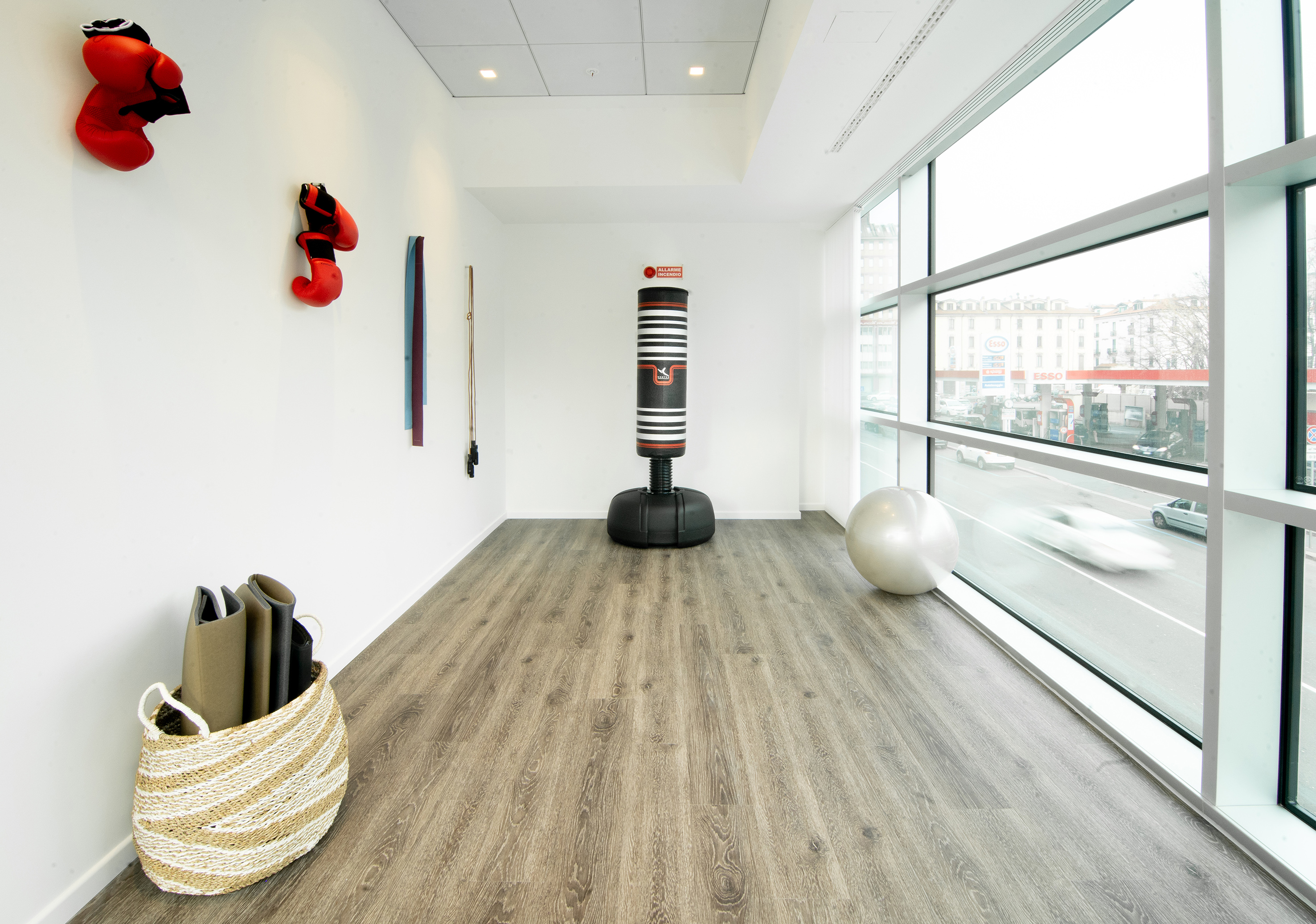 Home gym with punching bag, red boxing gloves, exercise ball, wood floor.