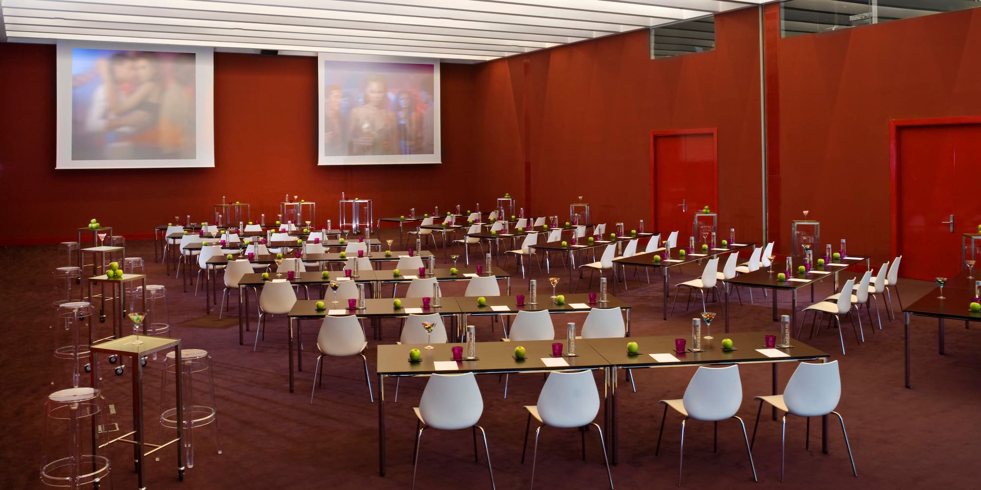 a room with tables and chairs