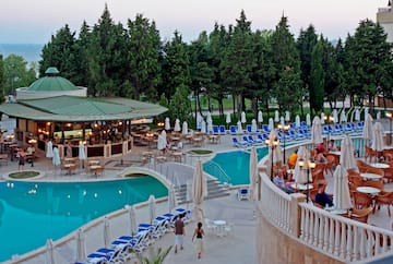 a pool with people sitting on it