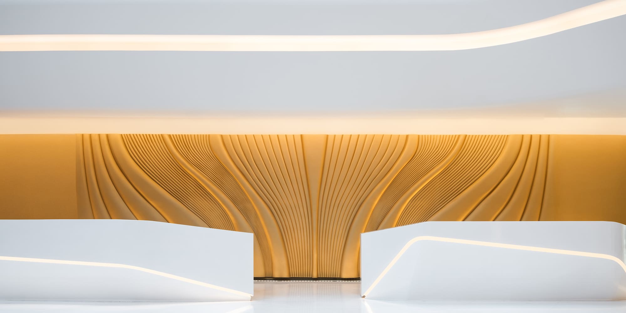 a white reception desks in a room