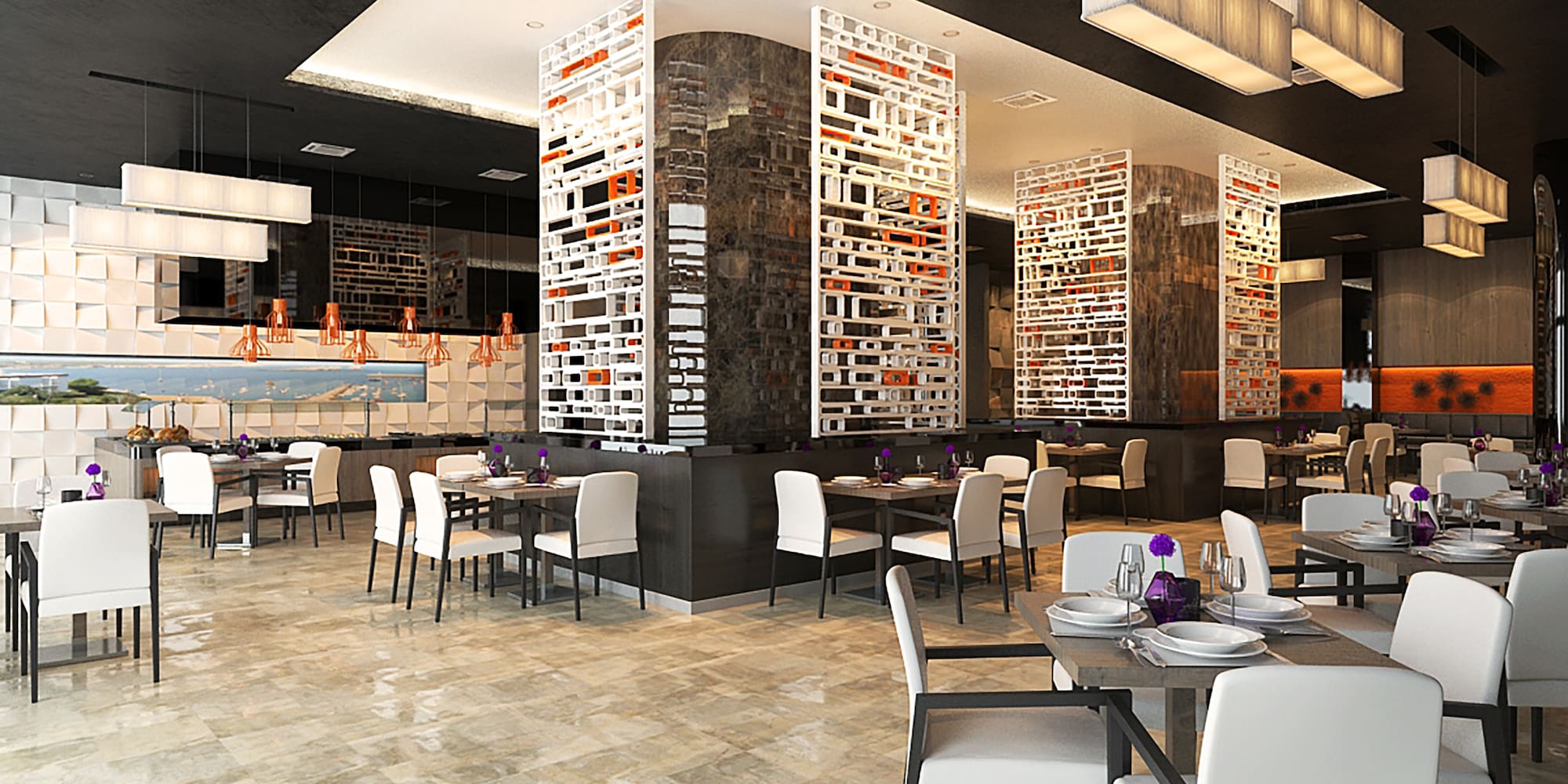 a restaurant with tables and chairs