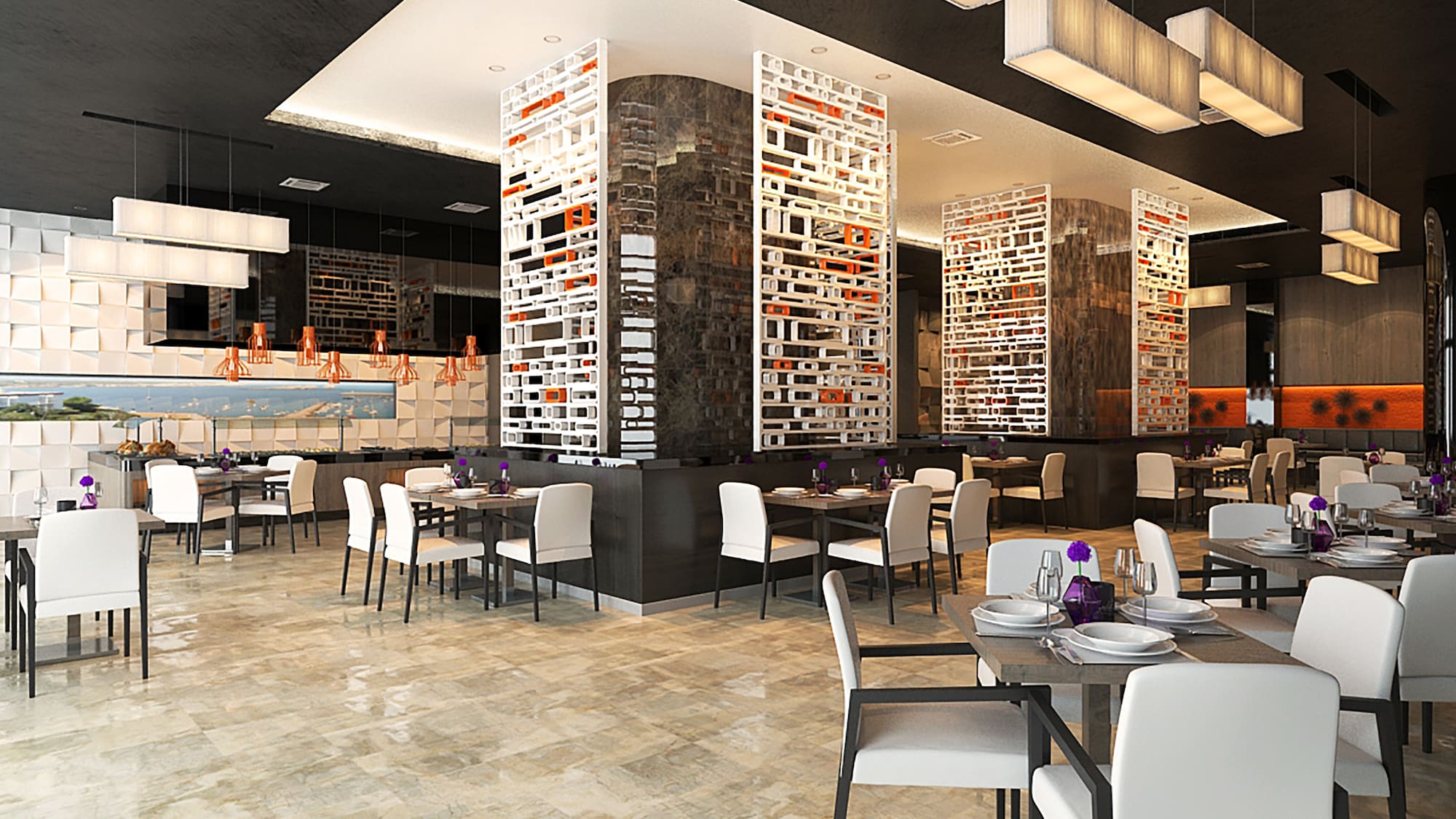 a restaurant with tables and chairs