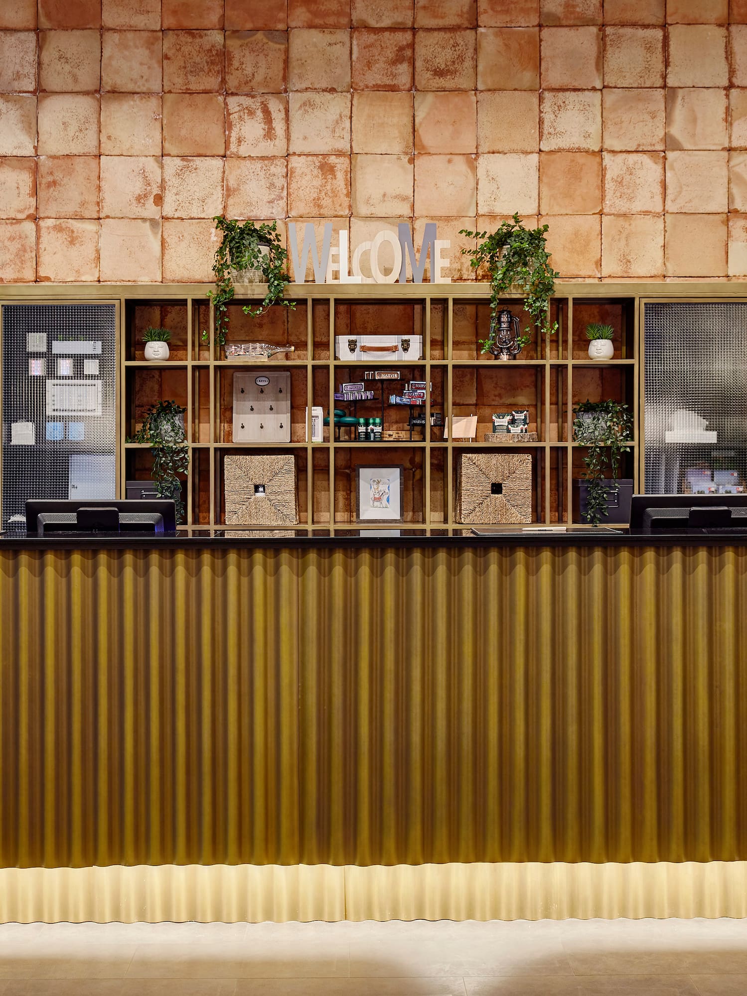 a reception desk in a hotel