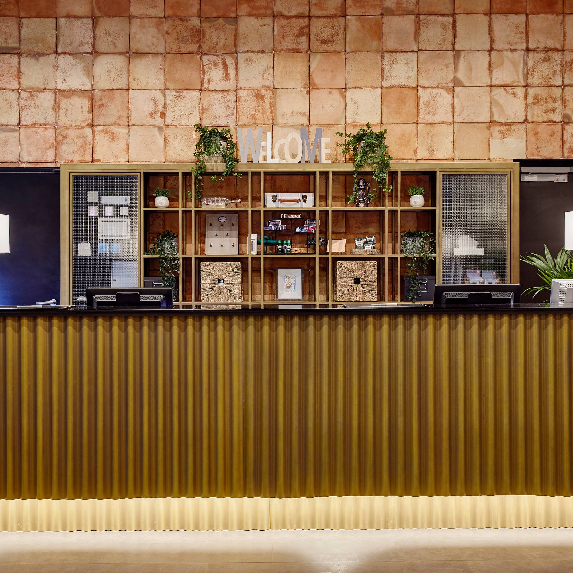 a reception desk in a hotel
