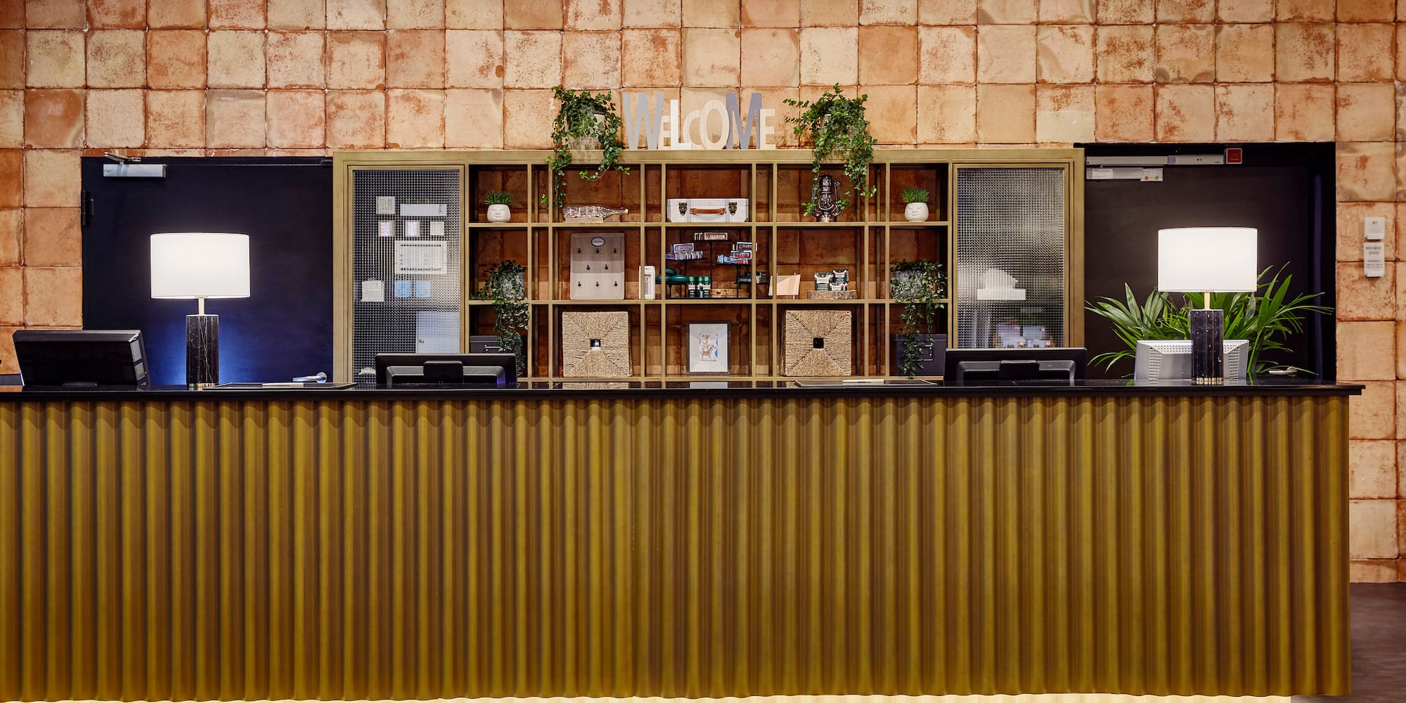 a reception desk in a hotel
