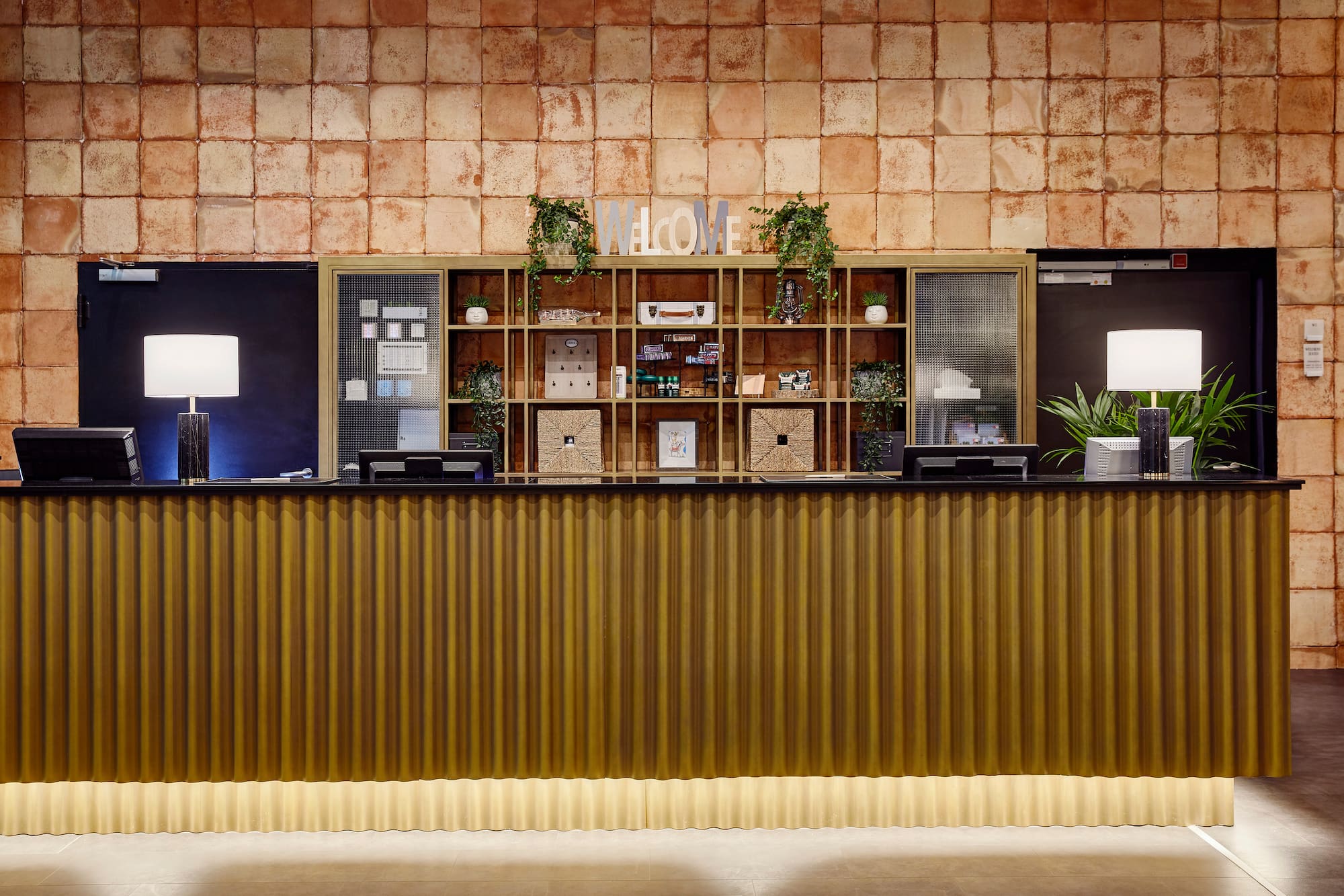 a reception desk in a hotel