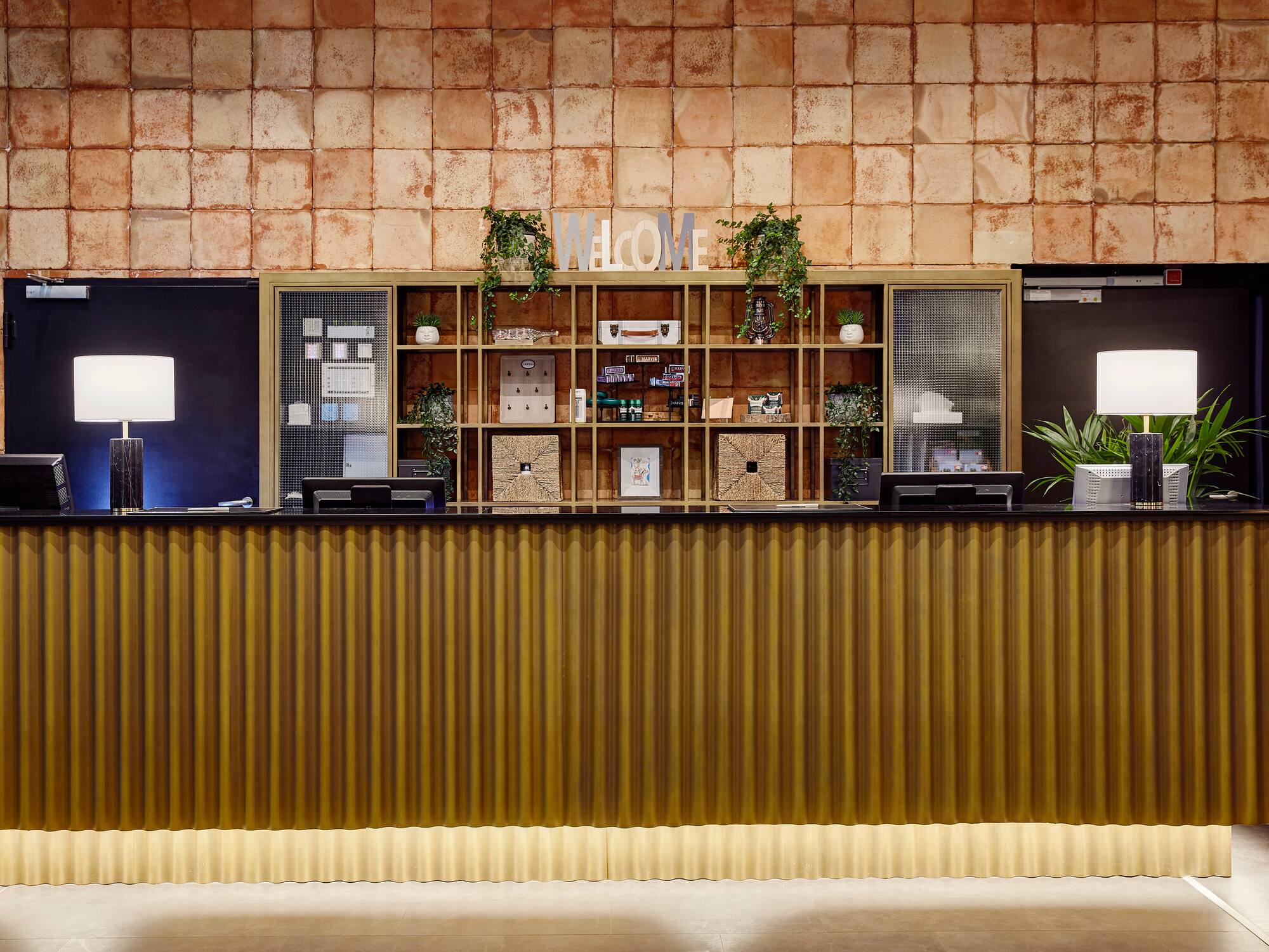 a reception desk in a hotel