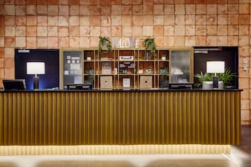 a reception desk in a hotel