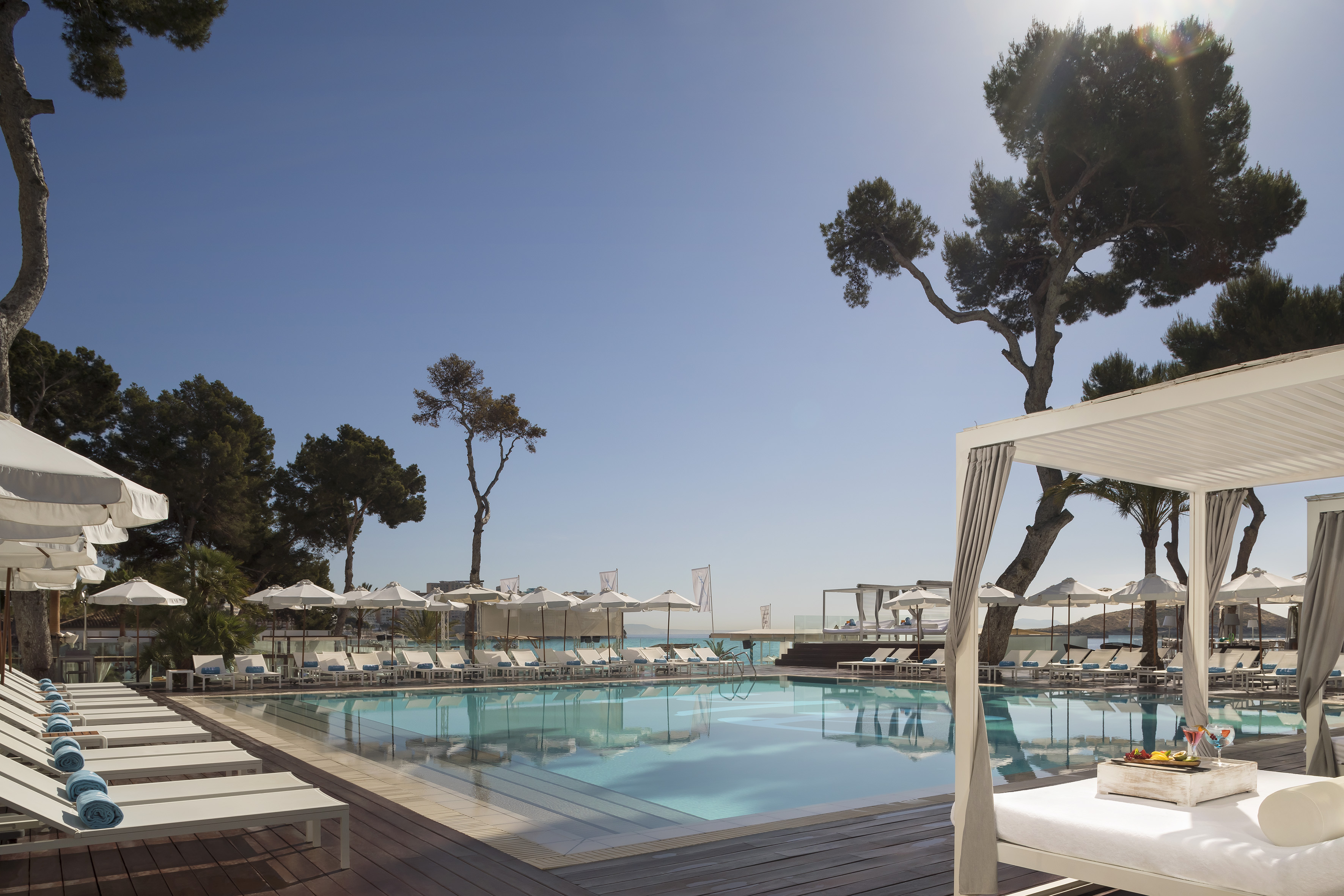 Sunny luxury resort pool with white sunbeds, cabana, and pine trees.
