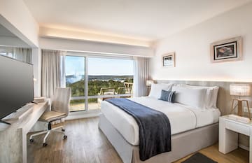 a bedroom with a bed and a desk and a glass door