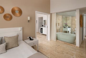 a bedroom with a bathtub and a bed