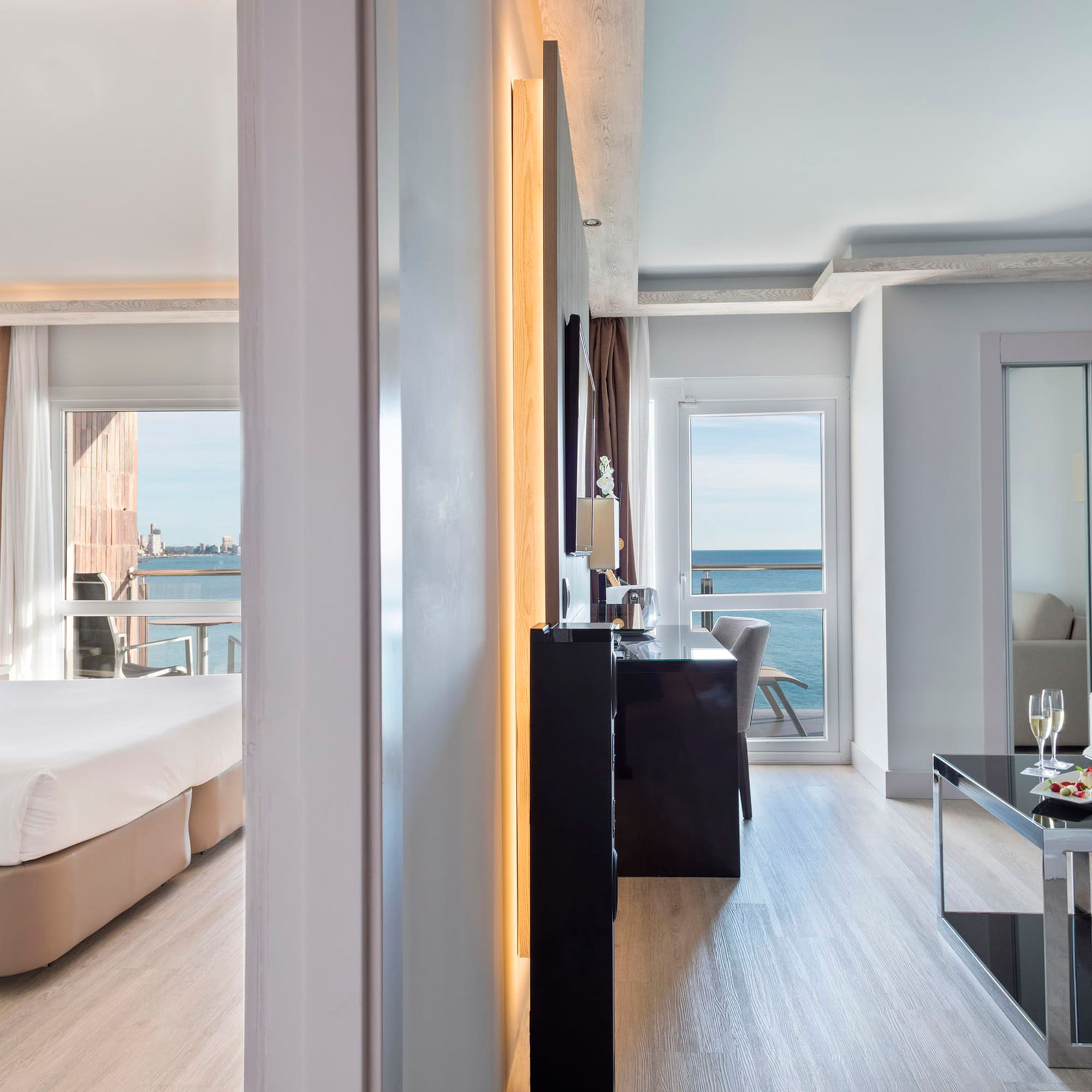 a room with a bed and a table