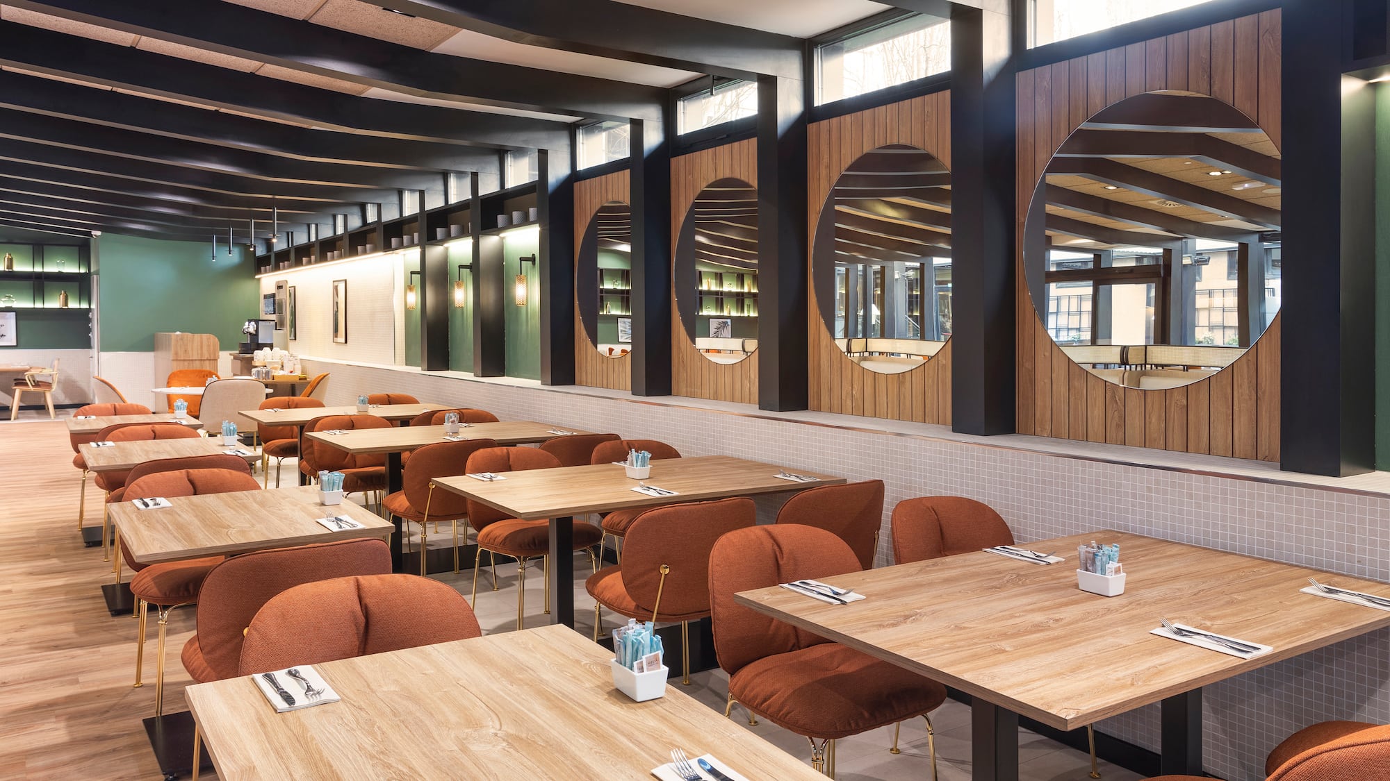 a room with tables and chairs