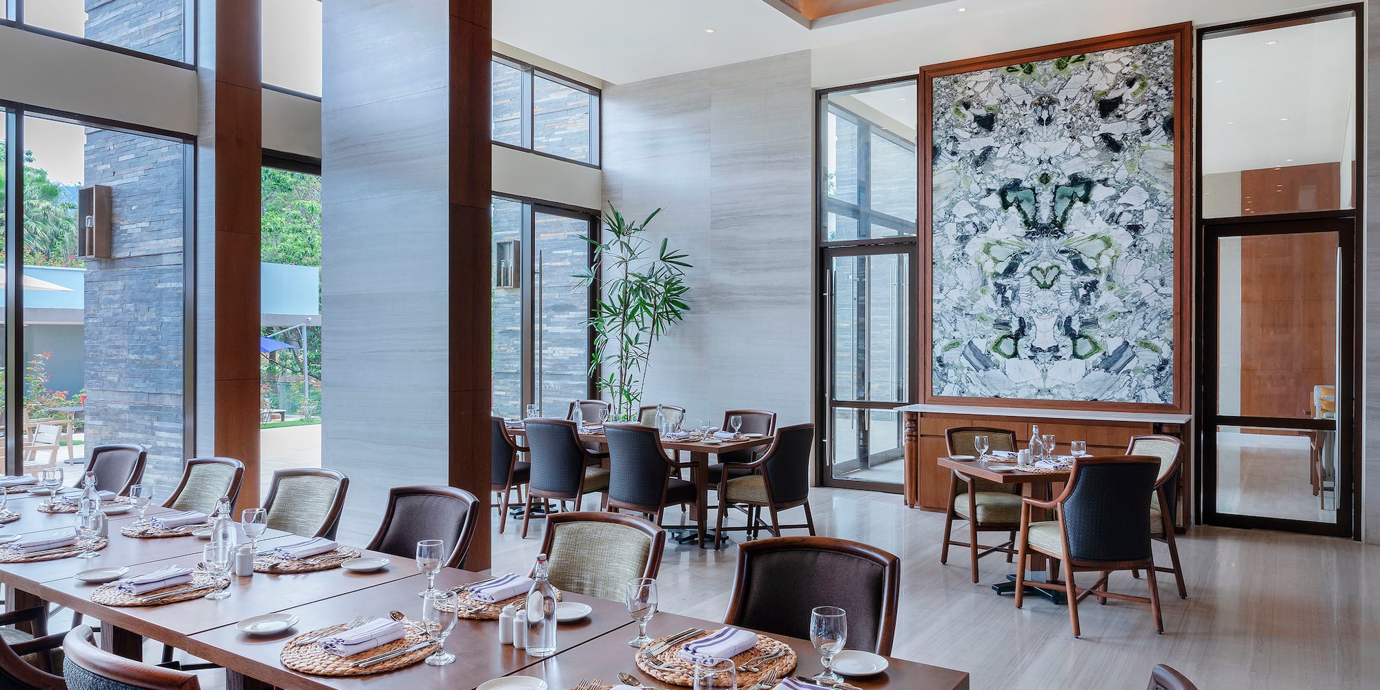 a room with tables and chairs