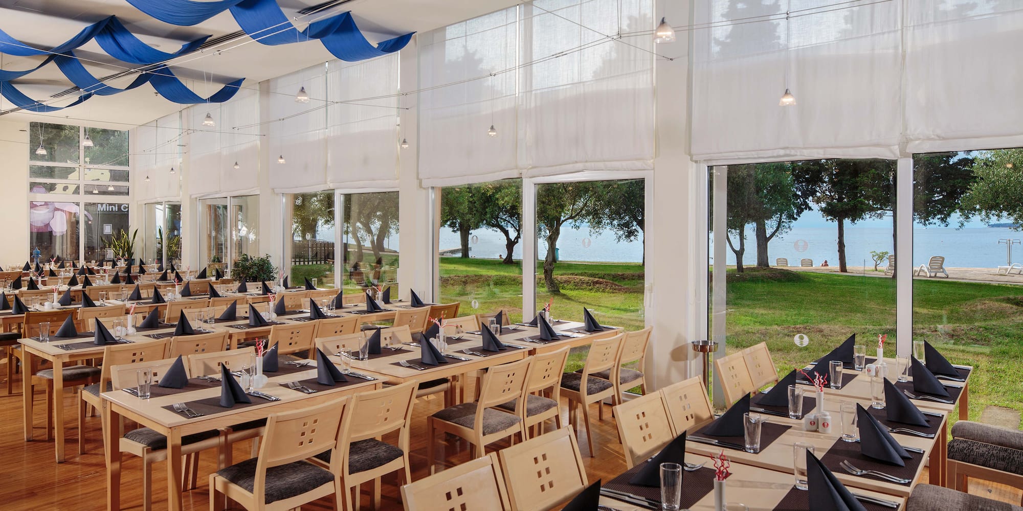 a room with tables and chairs