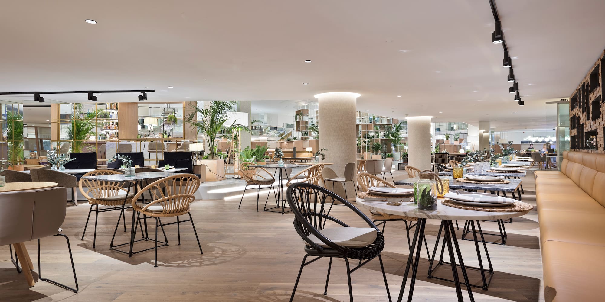 a large room with tables and chairs