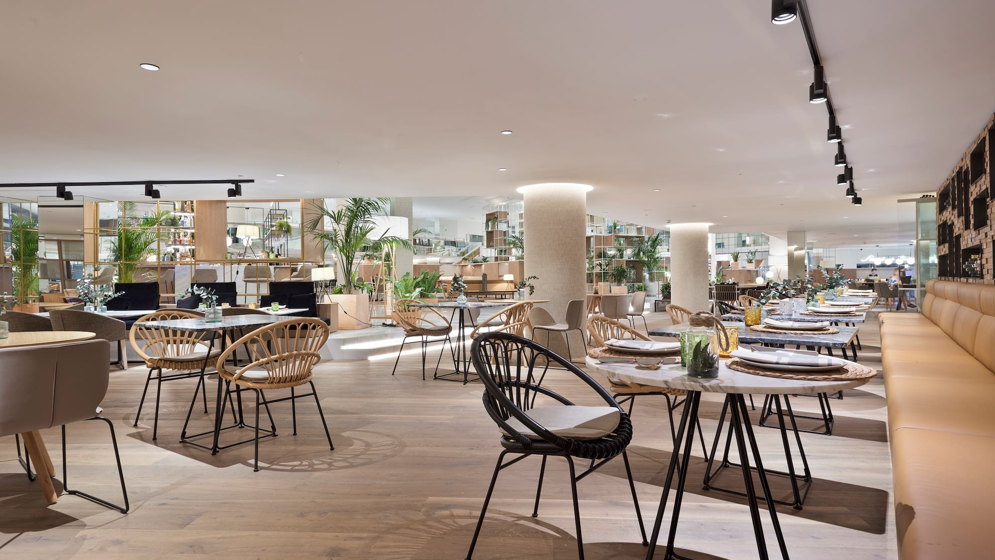 a large room with tables and chairs