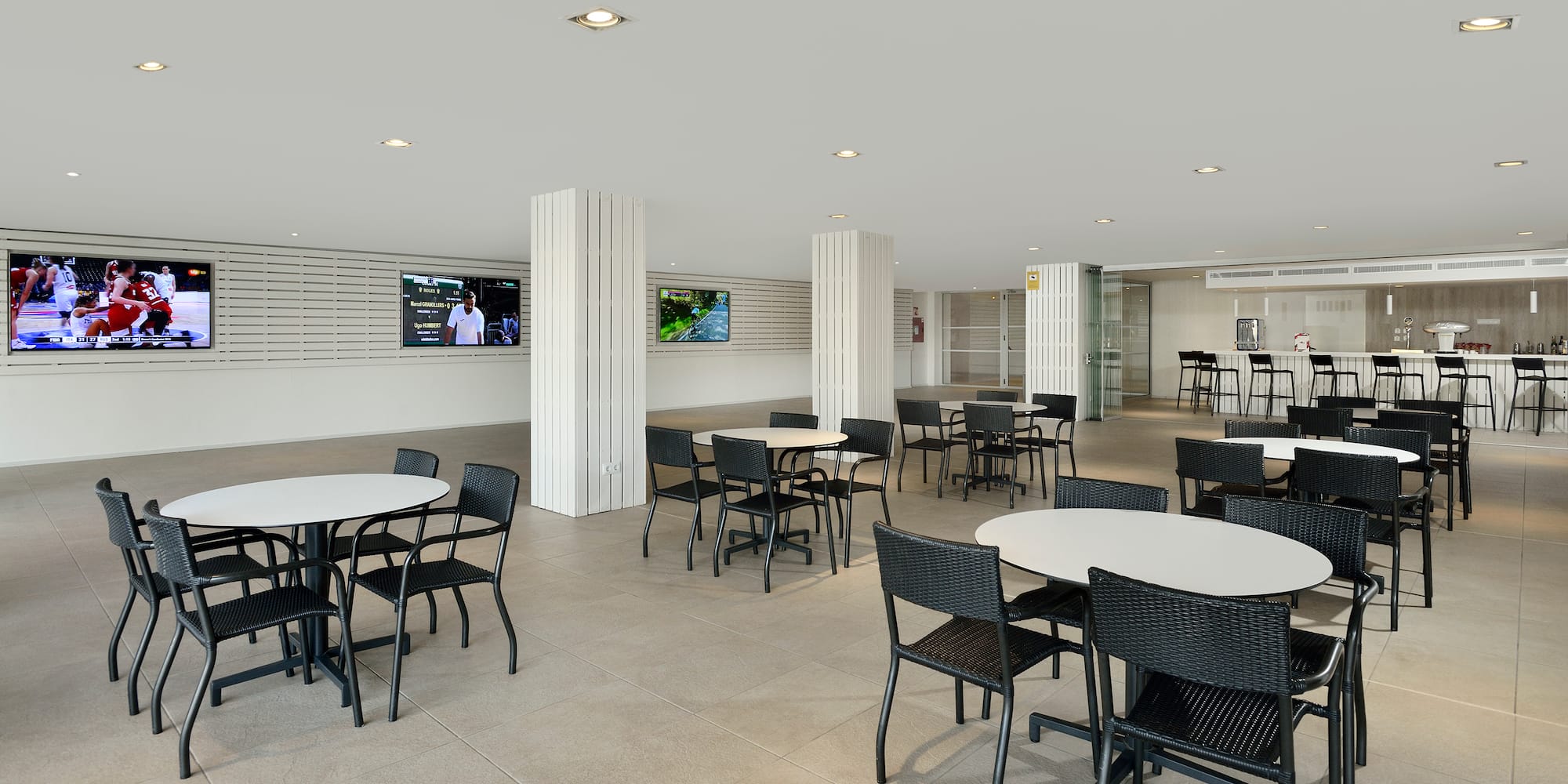 a room with tables and chairs