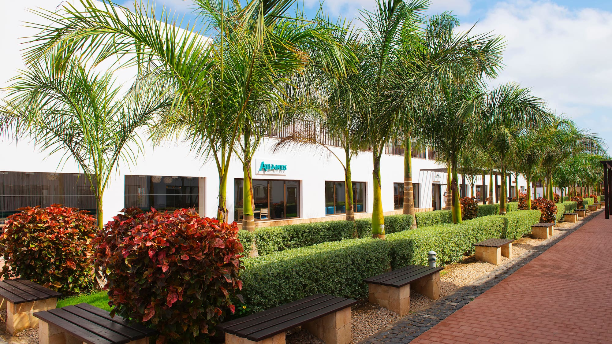 a building with palm trees and bushes