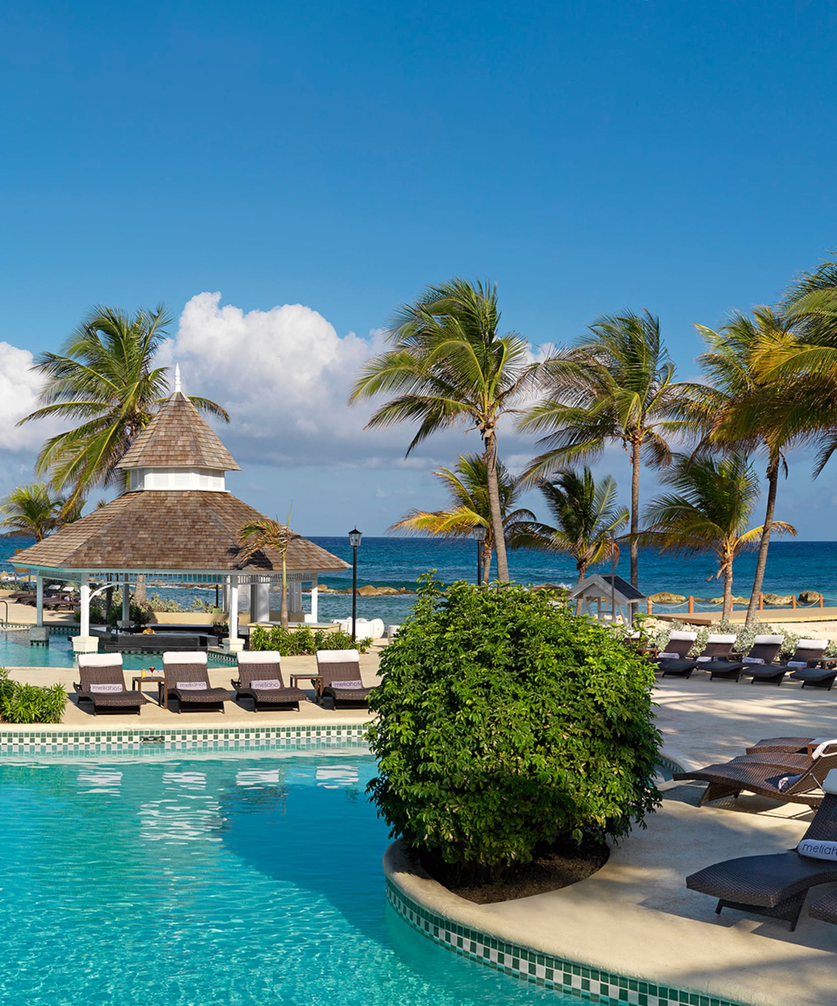 a pool with lounge chairs and palm trees