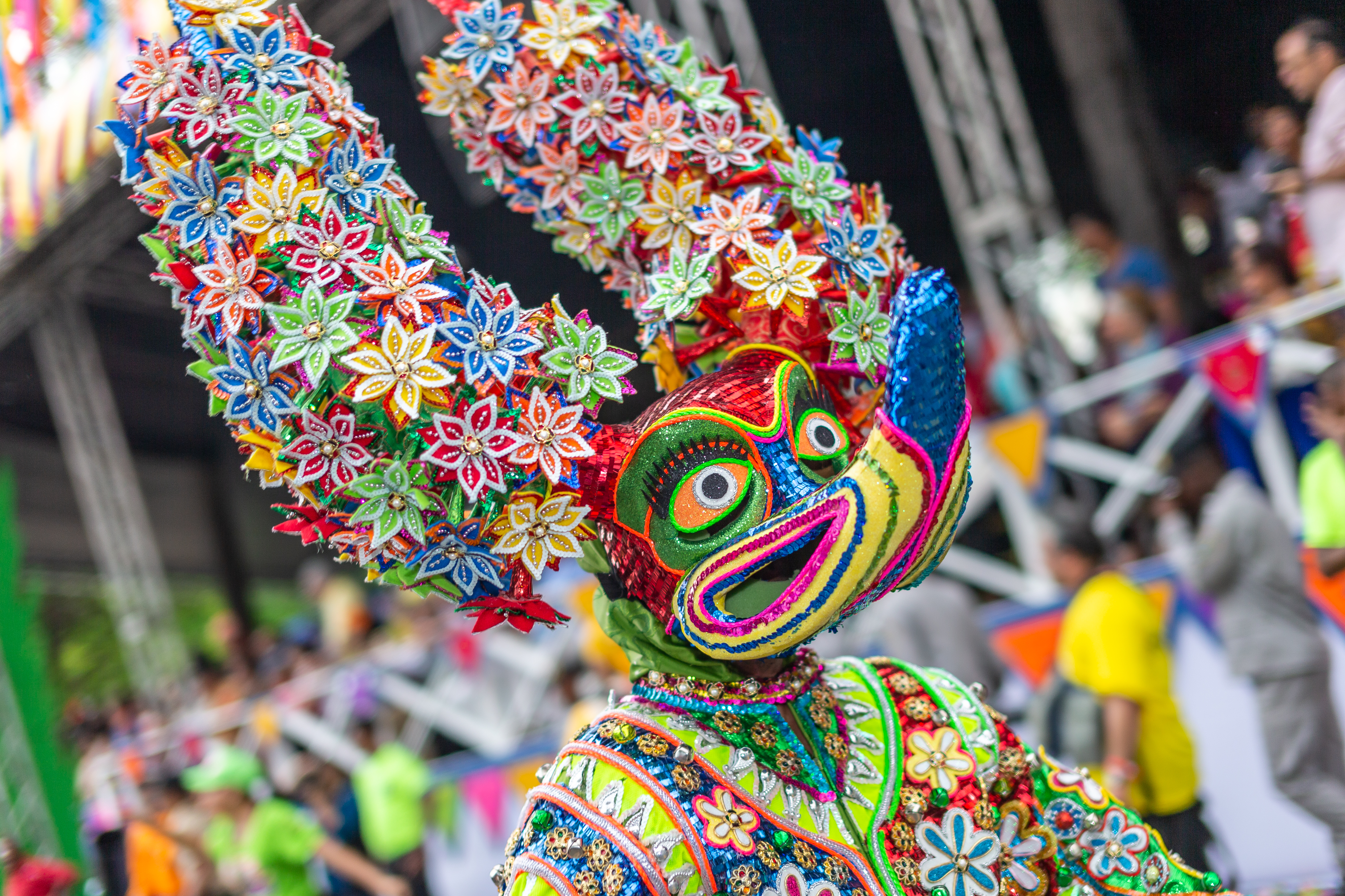 Máscara y disfraz de carnaval vibrante con tocado floral y lentejuelas.