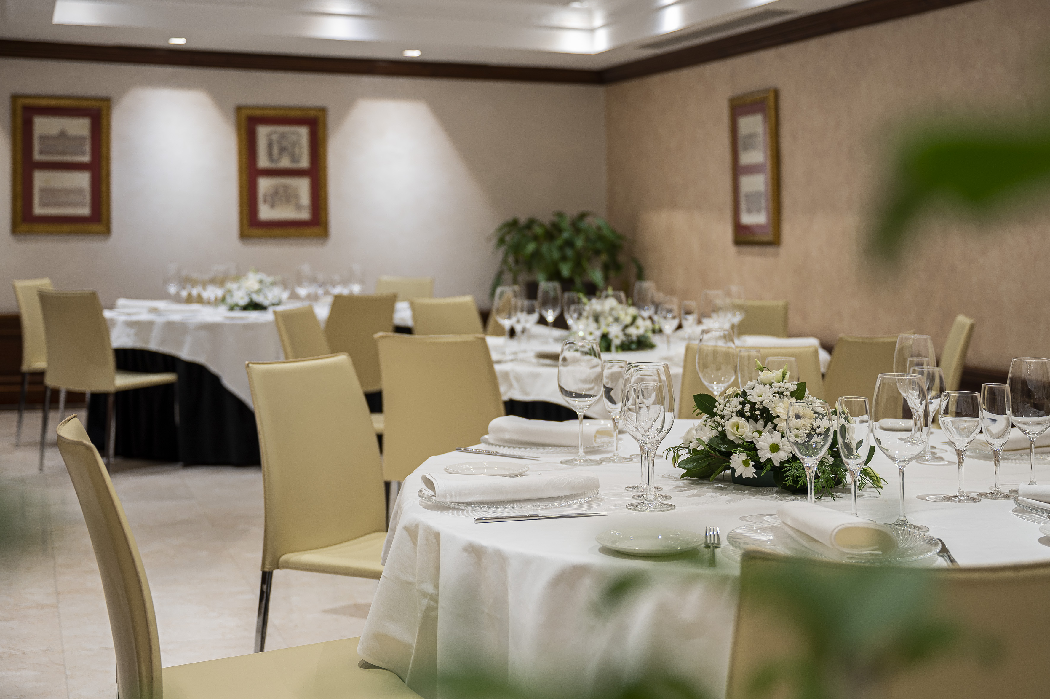 Set banquet tables with white linens, glasses, and white floral centerpieces.