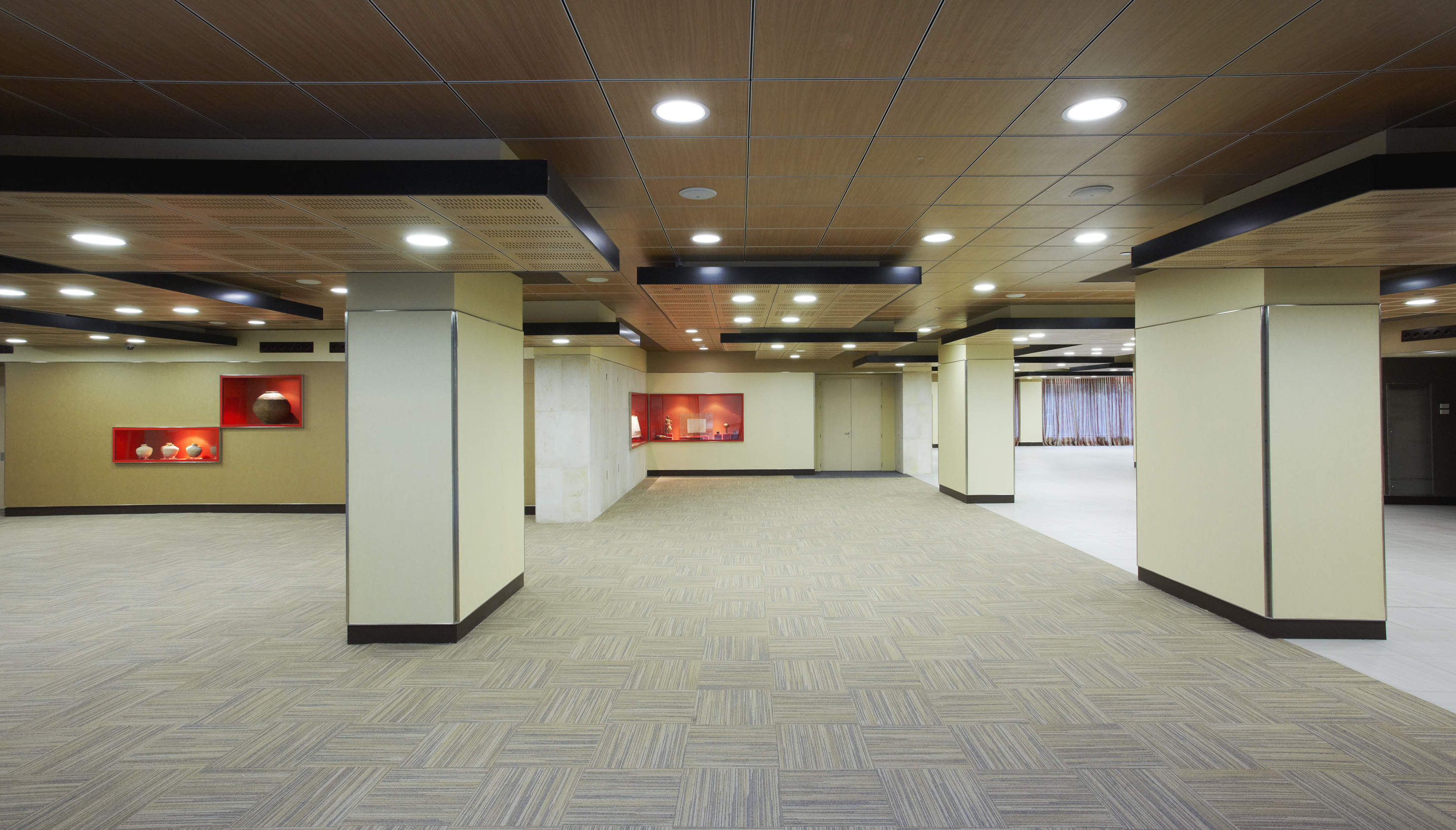 Modern commercial lobby with patterned carpet, wood ceiling, and red display cases.