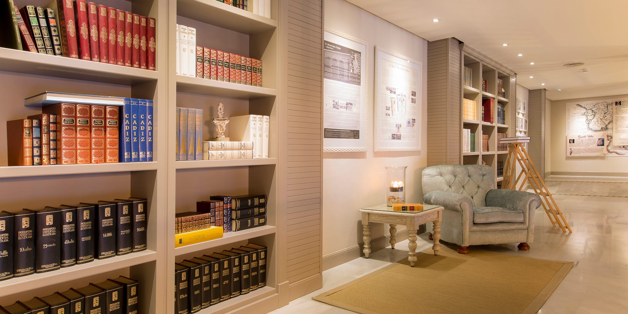 a room with bookshelves and a couch