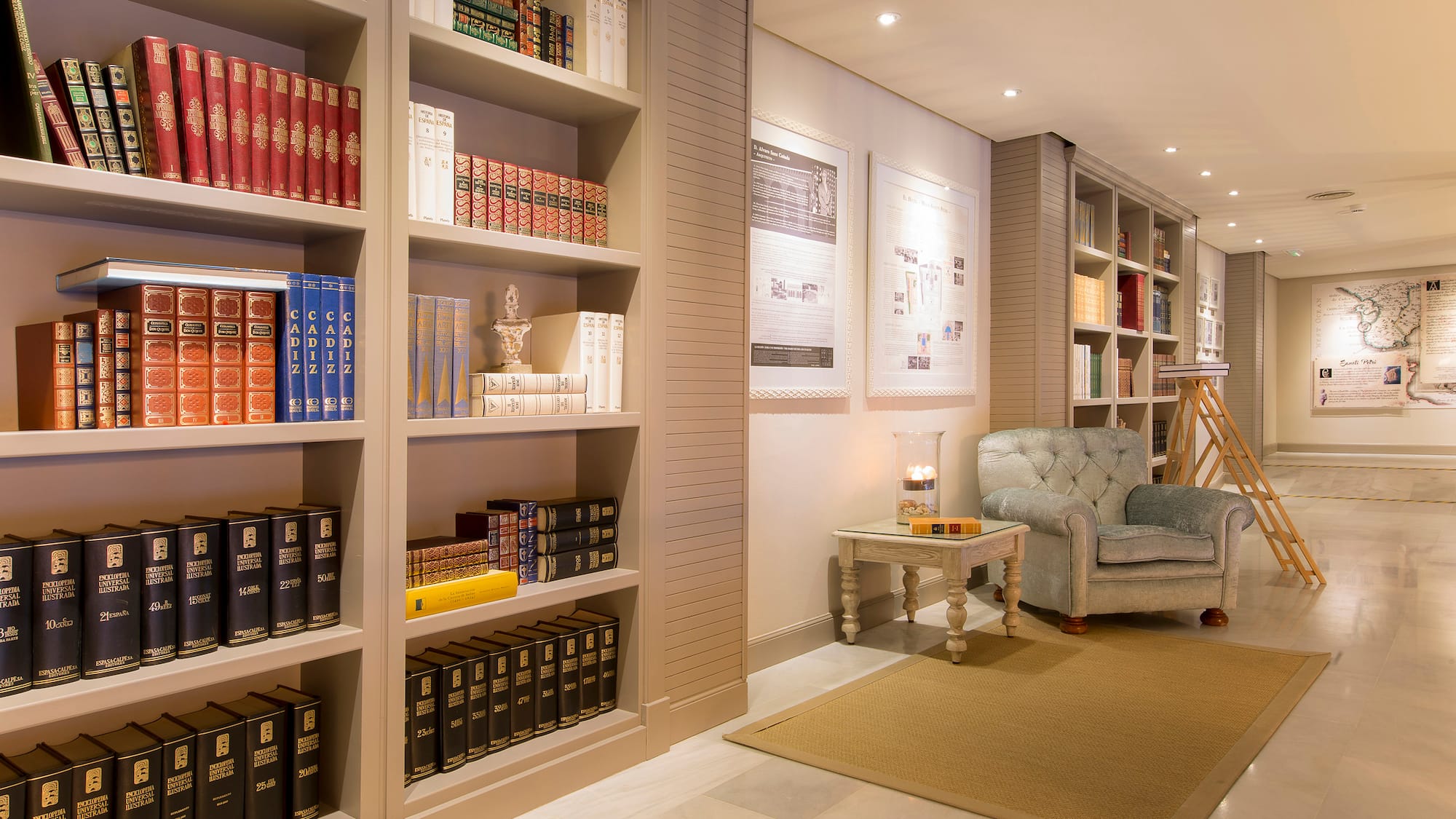 a room with bookshelves and a couch