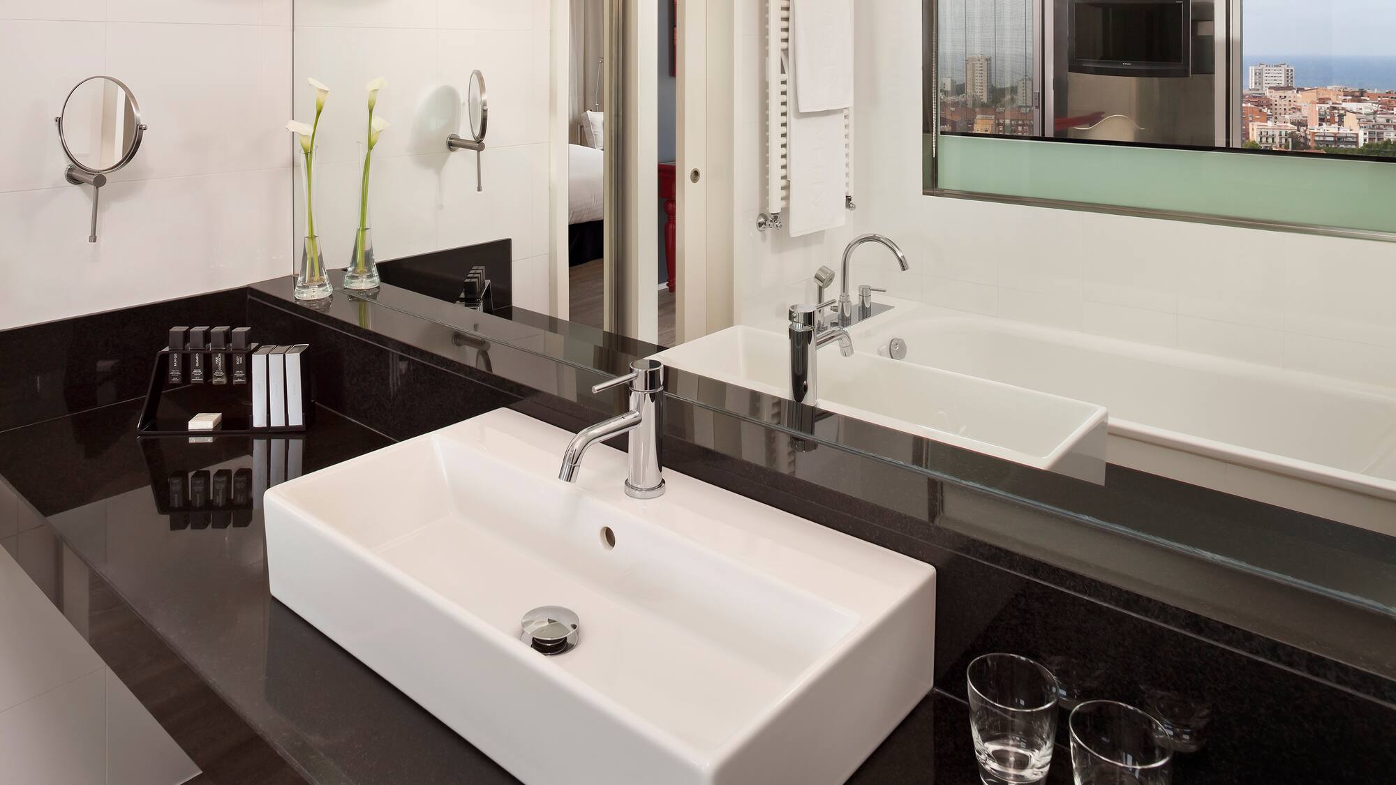 a bathroom with a sink and two sinks