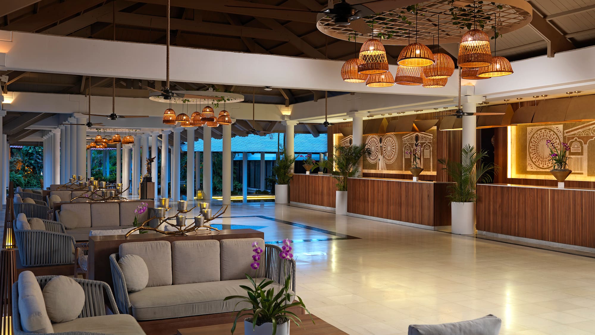 a lobby with a large reception area